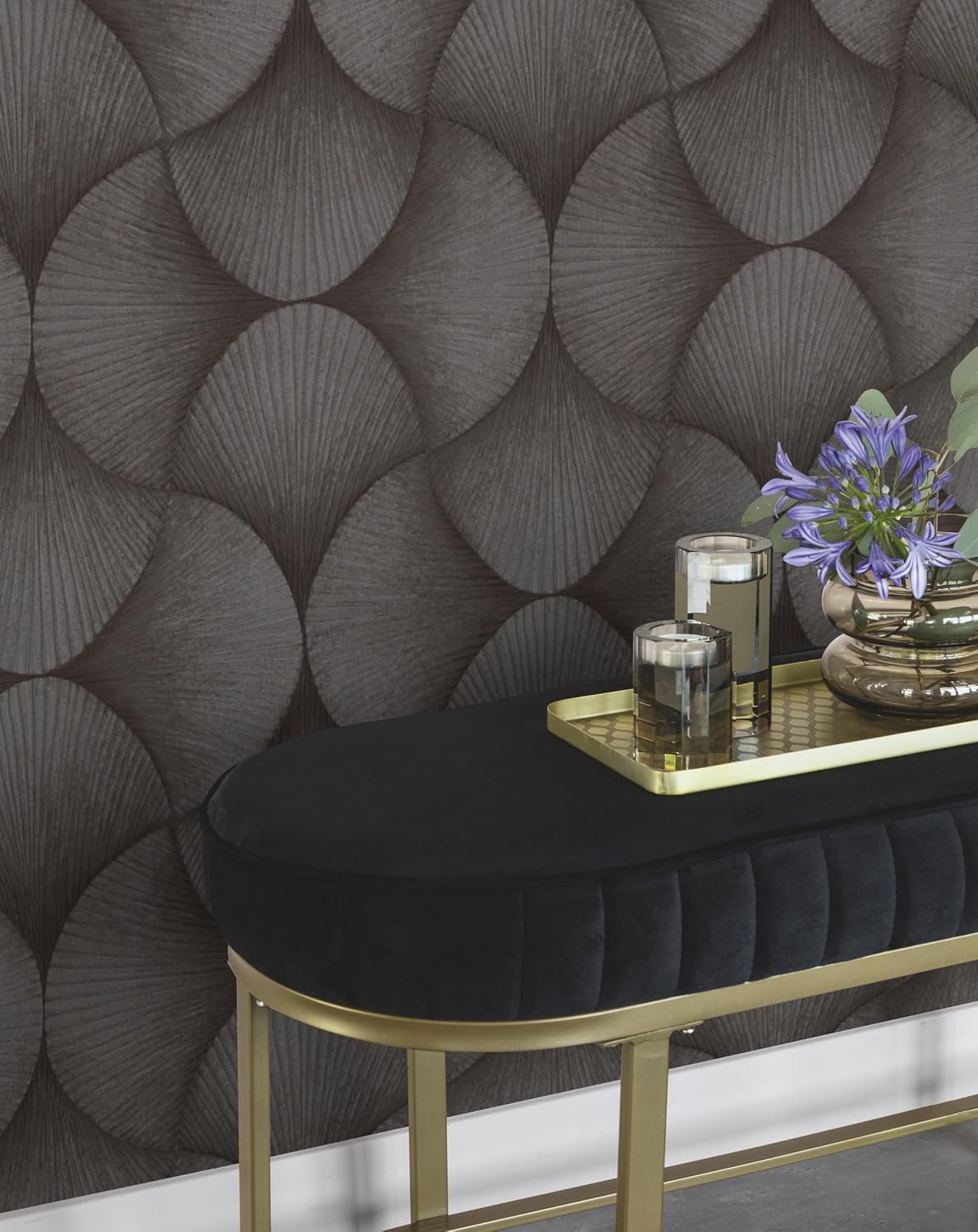 Rasch Non-Woven Wallpaper Art Deco Fan Pattern Plain Anthracite Gloss 608250