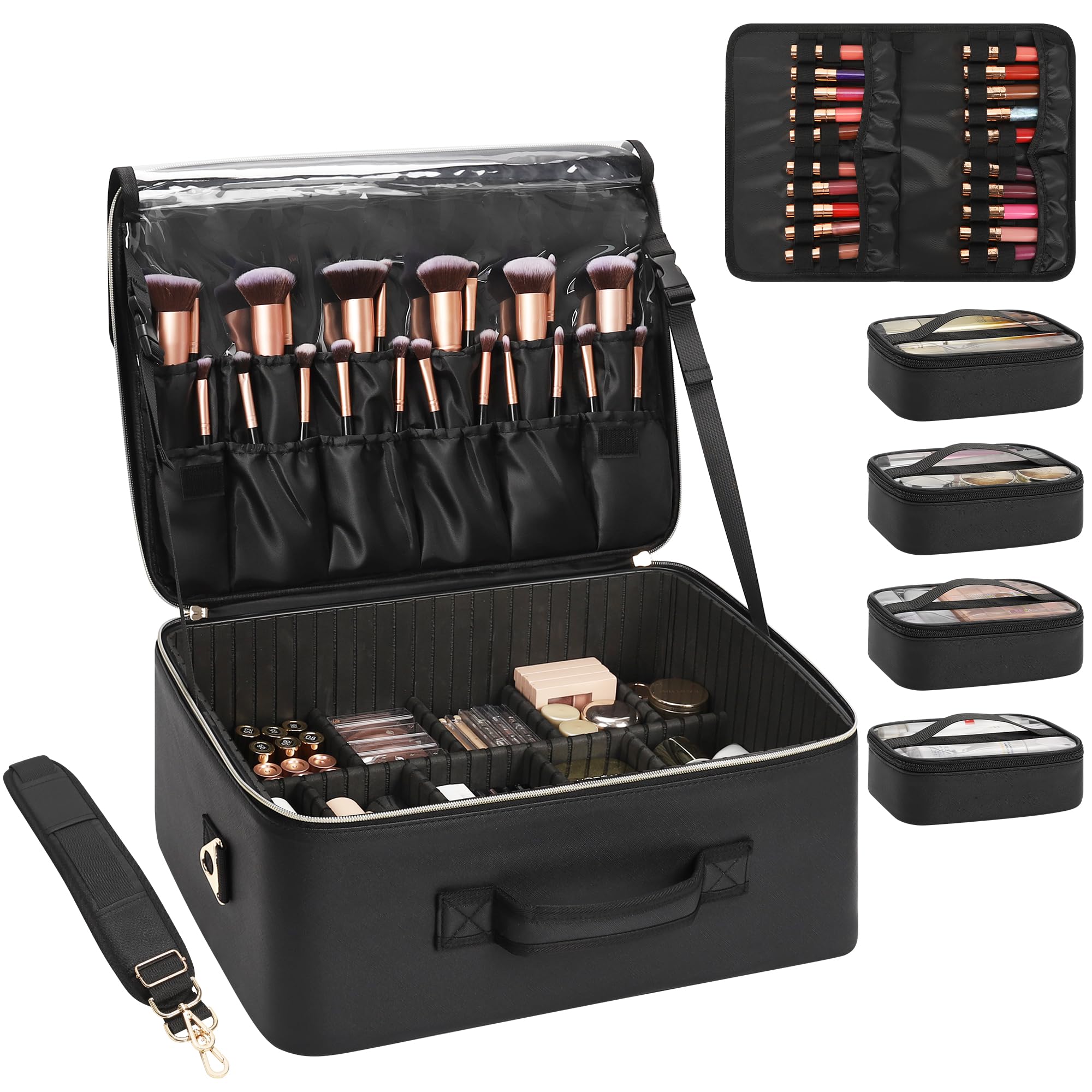 Beauty case extra large, custodia professionale per truccatori, organizer da viaggio con 4 piccoli scomparti e piattino per pennelli/rossetti, divisori regolabili