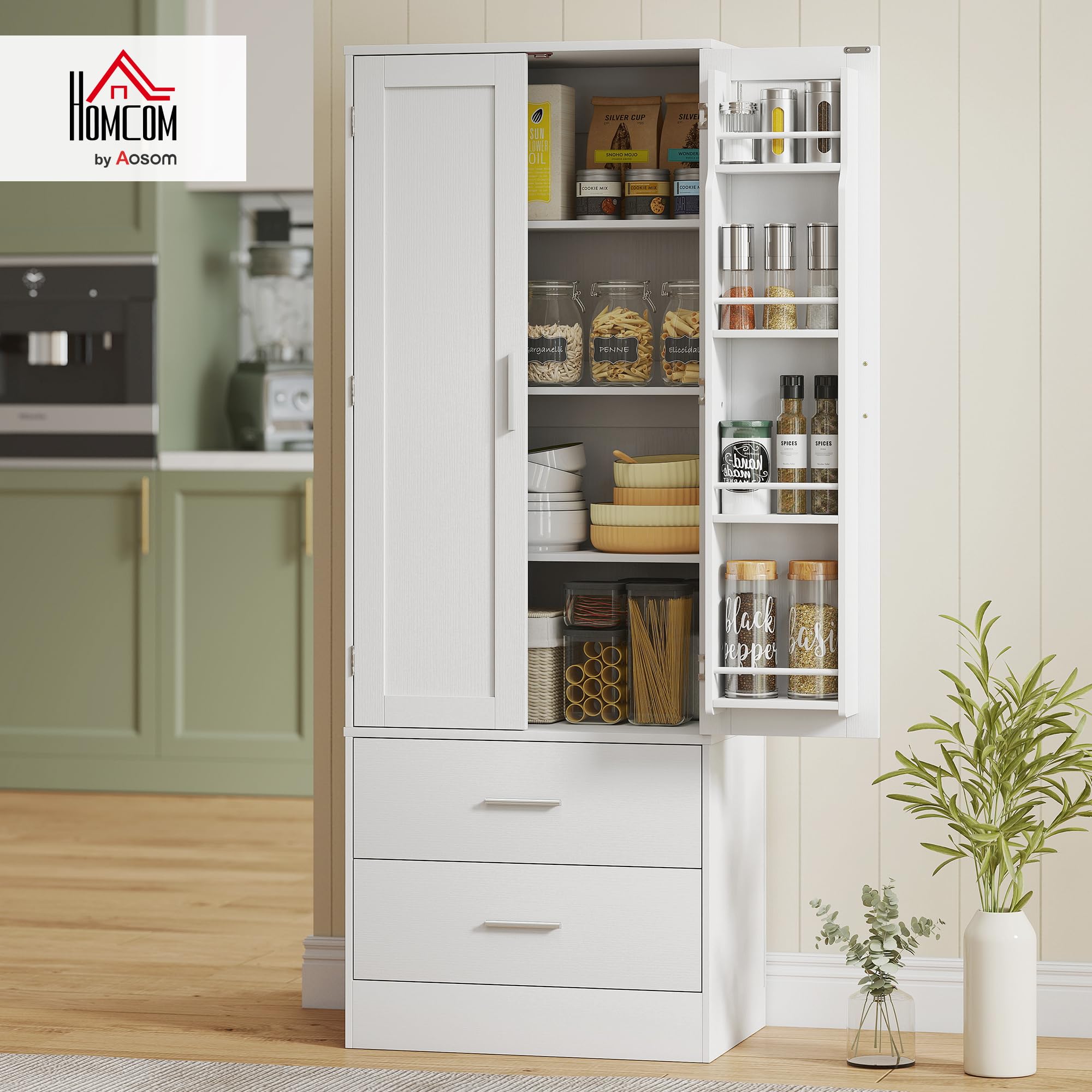 HOMCOM Küchenschrank Buffetschrank mit 2 Türen, 8 Türregalen, 2 Schubladen Hochschrank mit Verstellbaren Einlegeböden, Moderner Vorratsschrank für Wohnzimmer Weiß, 60 x 40 x 159 cm