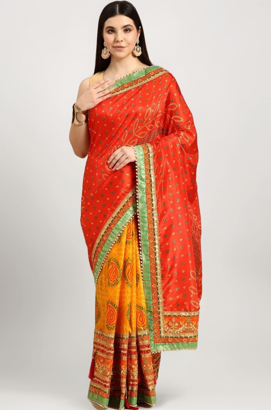 Pandadi Saree Women's Soft Dola Silk With Bhandhani With Colourful Embroidery Heavy Lace Saree With Blouse (Multicolor)