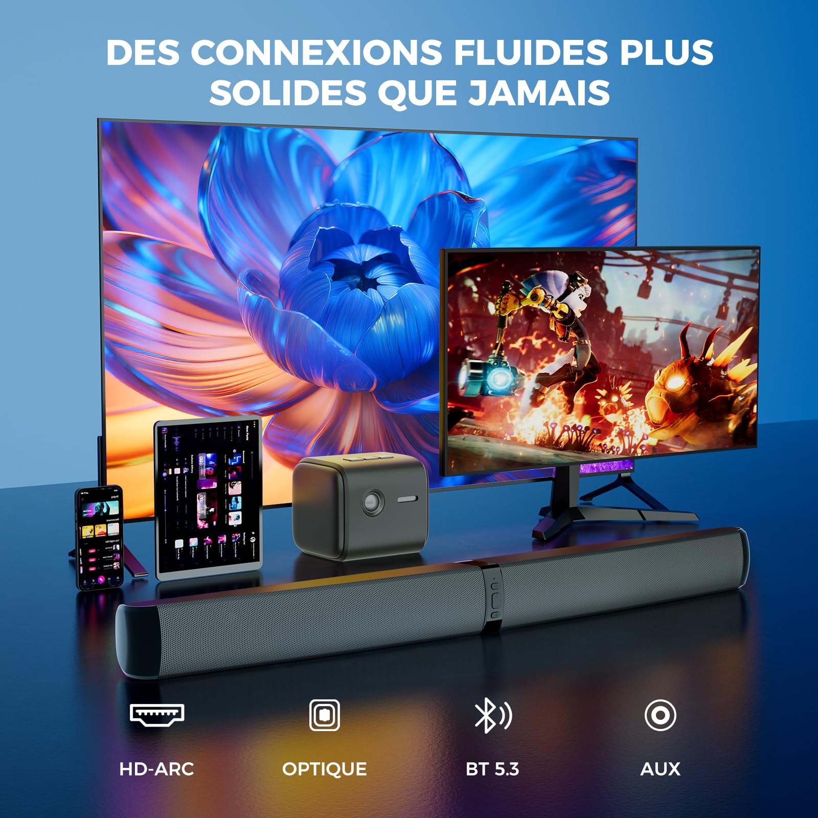 GarageRock Barre de Son TV 90W 2-en-1 Amovible Bluetooth 5.3 Arc Optique AUX Home Cinéma