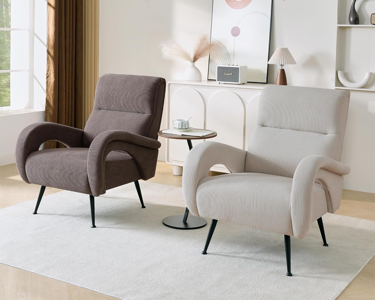 Corduroy Accent Chairs for Living Room, High Back Reading Chairs for Bedroom, Mid-Century Modern Comfy Upholstered Armchar for Bedroom, Reading Nook, Apartment, Beige