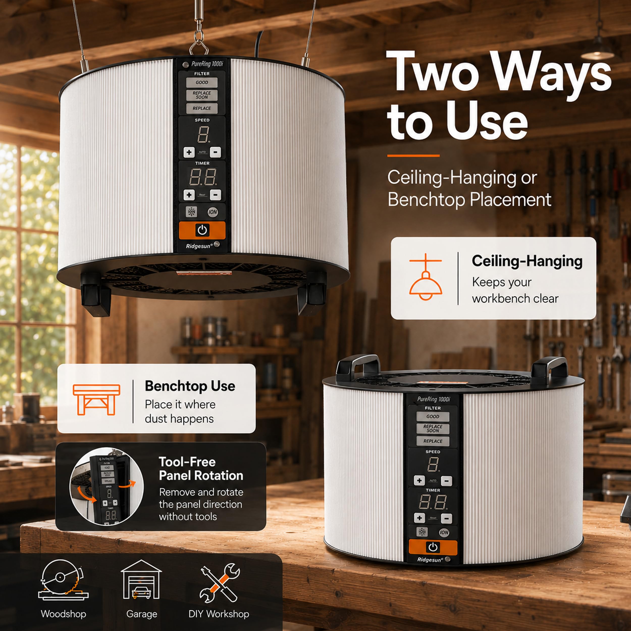 PureRing 1000i 1040 CFM Shop - Sistema di filtrazione dell'aria per la lavorazione del legno, filtro dell'aria ad anello con motore BLDC, telecomando e timer 24h, uso portatile da tavolo o da