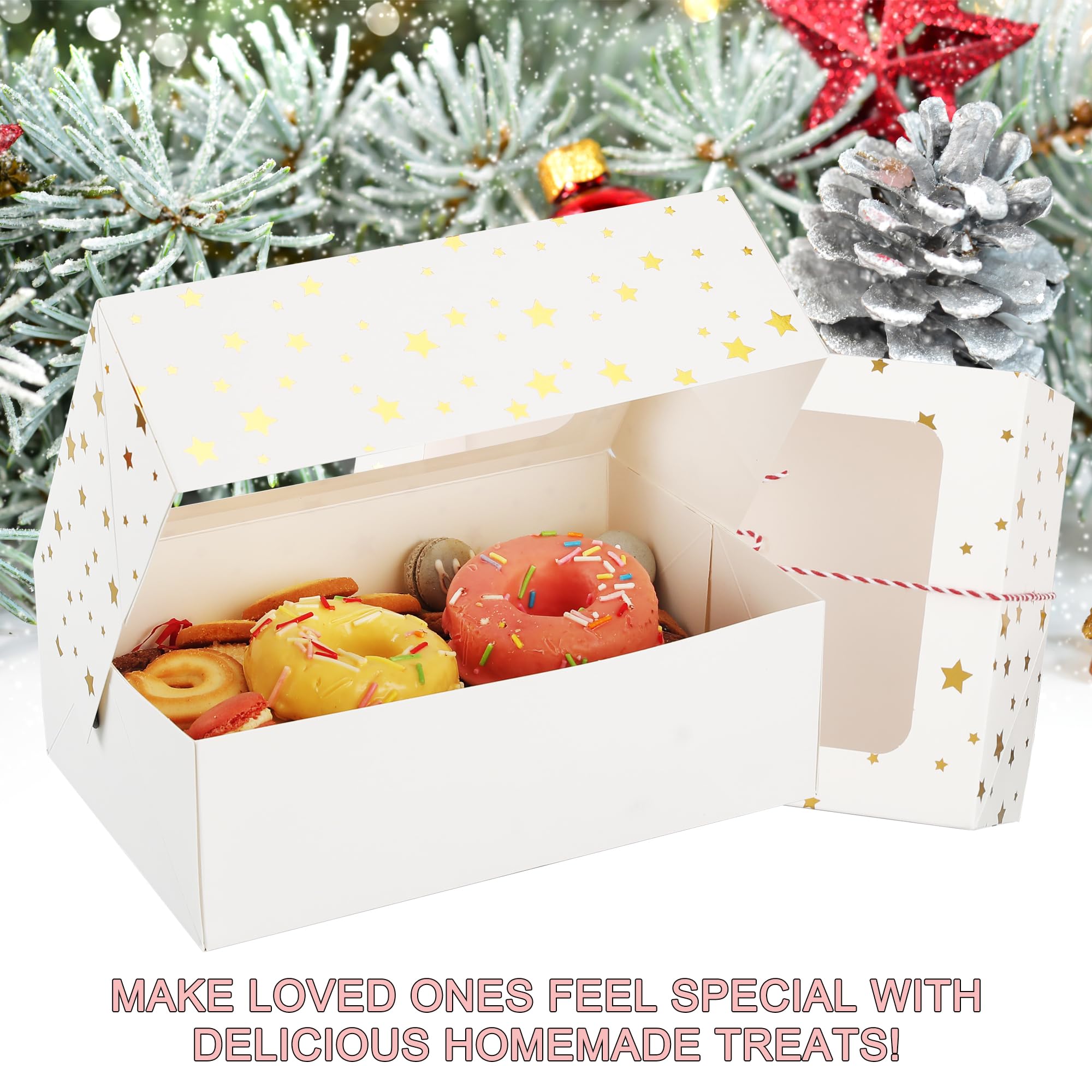 Zzrywuty 24 PCS Christmas Cookie Boxes for Gift Giving Golden Star White Bakery Boxes with Window,Christmas Treat Boxes for Pastry Dessert Cupcakes Mini Cake Pie Candy Donut,Baking Goods Packing Box