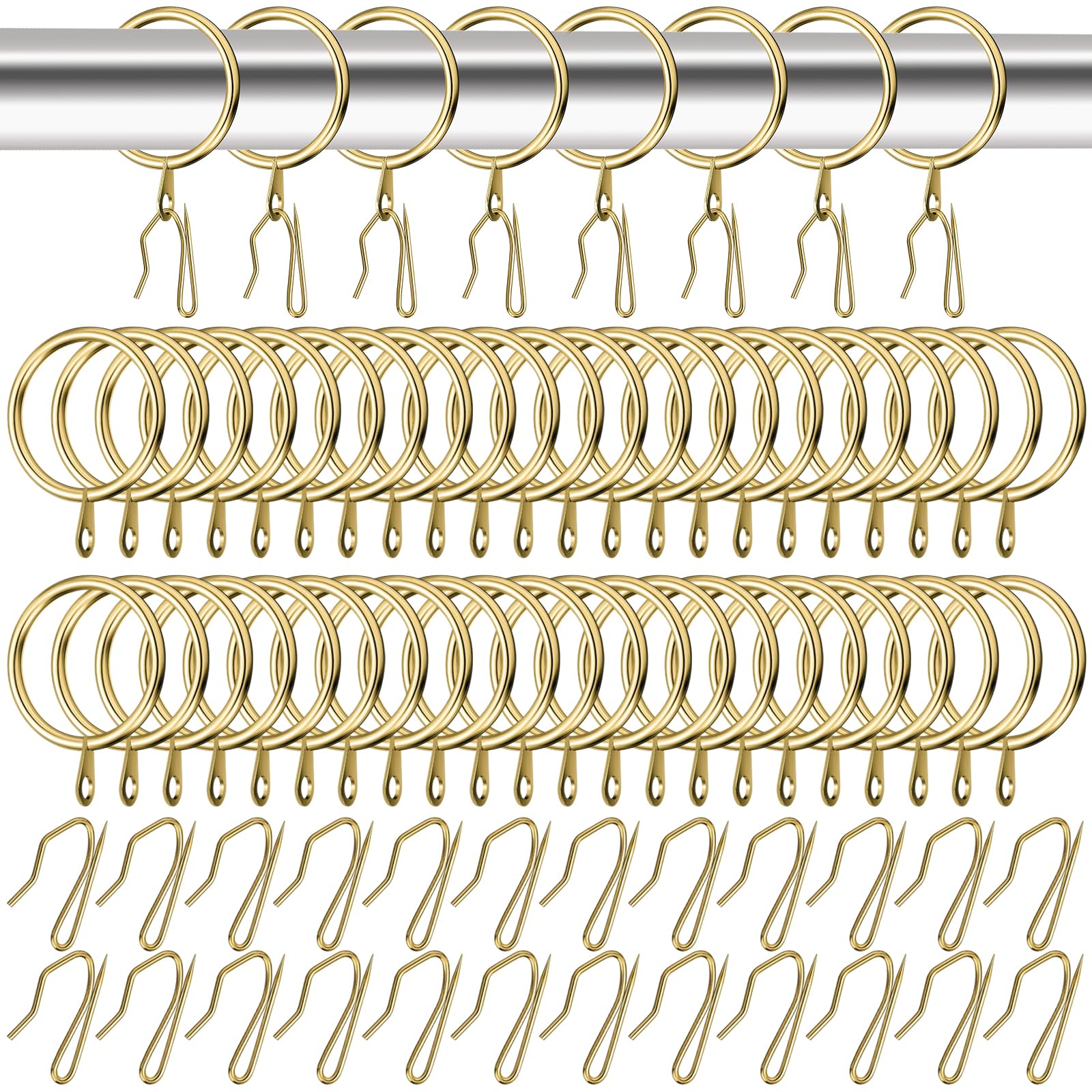 Waltool 80Pcs Stainless Steel Drapery Hanging Rings with Eyelets, Curtain Pin-on Hooks Pins for Window Door Shower Bathroom Rings-30 mm-1.18" Internal Diameter (Gold)
