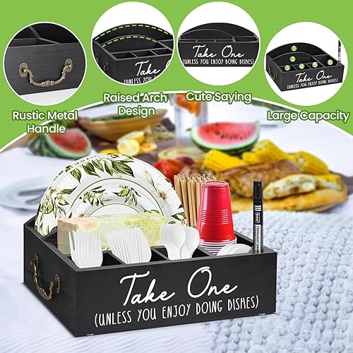 Miniatura 6 de Soporte para platos de papel, dispensador de platos de papel para encimera de cocina, caja organizadora de cubiertos de madera para fiestas, picnic