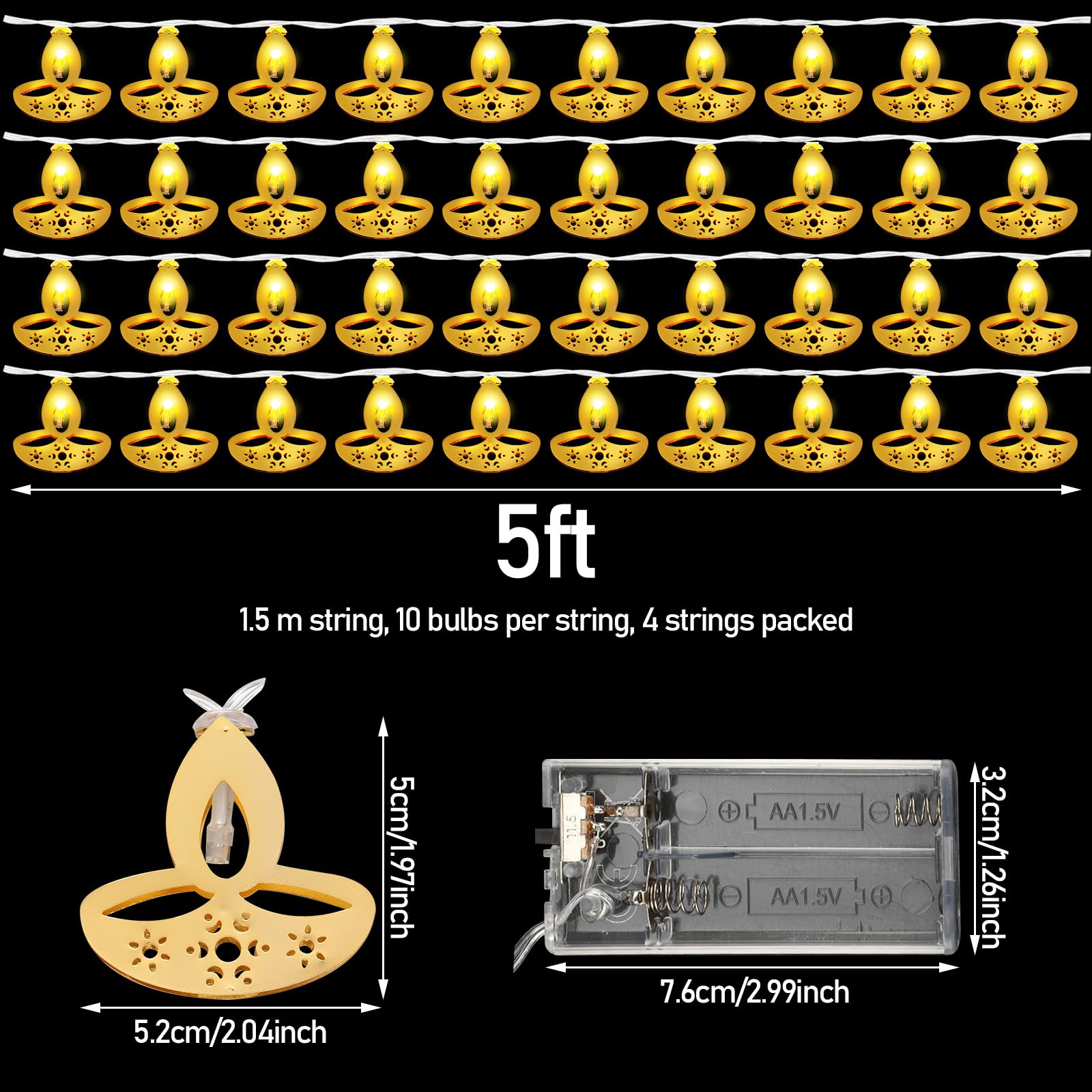 Retisee Guirlande lumineuse Diwali de 6,1 m avec 40 LED - Décorations indiennes pour fenêtre murale, fenêtre, intérieur et extérieur - Décoration de chambre à coucher (forme de flamme)
