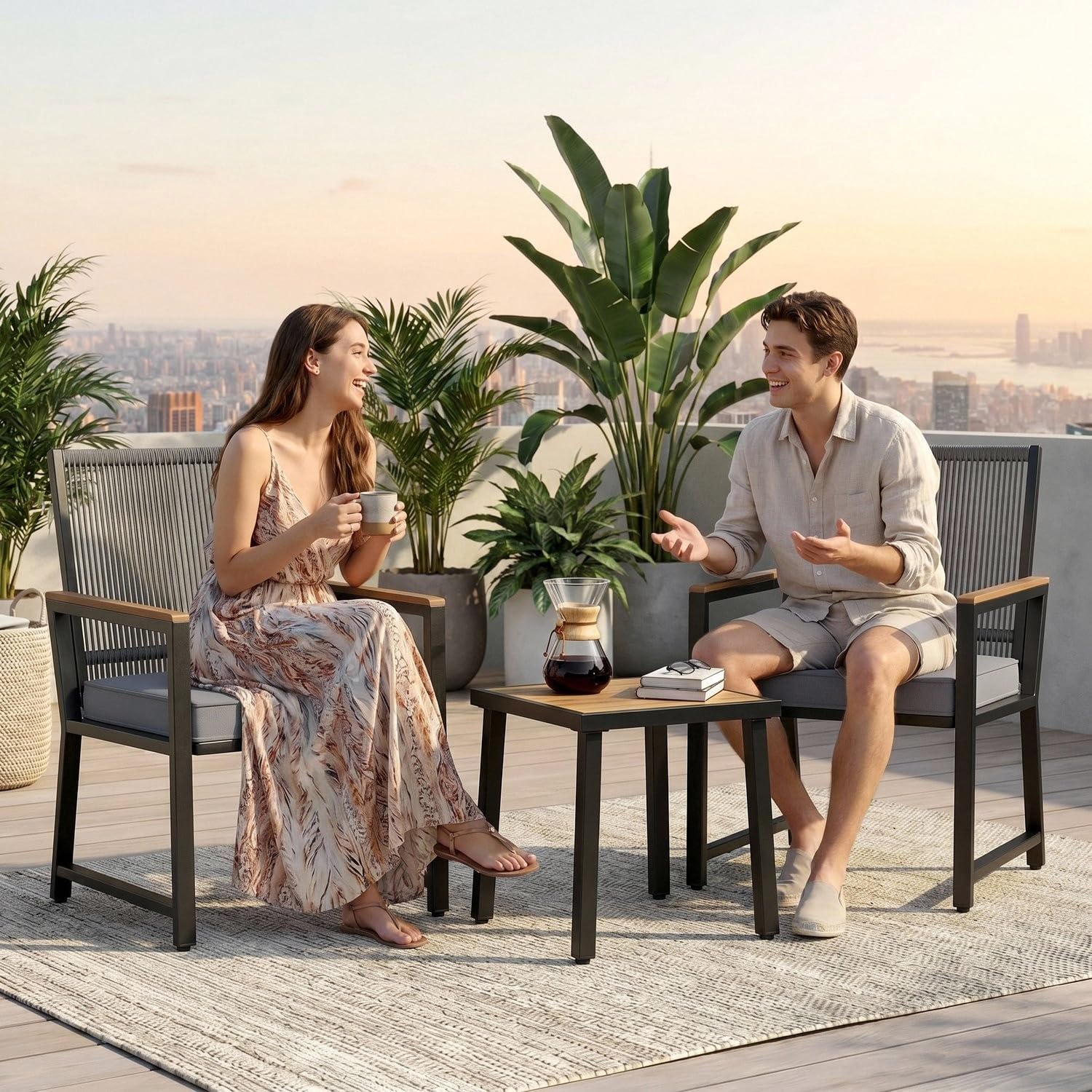 Clevich Set di mobili da giardino con cuscino rimovibile da 7 cm, schienale in rattan sintetico, struttura in metallo antiruggine e braccioli in WPC, tavolo e 2 sedie, per patio, balcone (grigio scuro