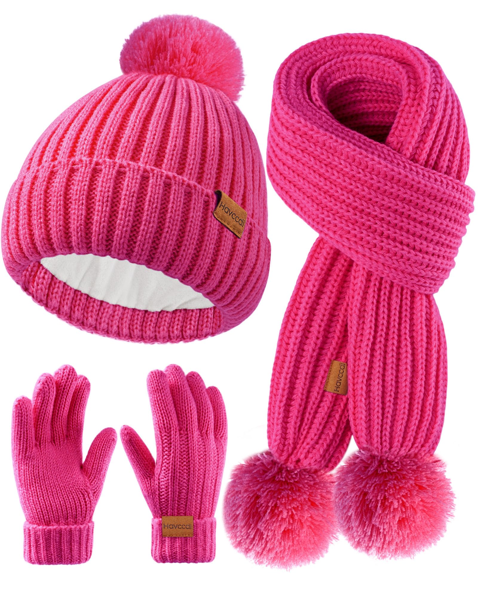 Kids Winter Hat Scarf Gloves Set - Girls Boys Fleece Lined Beanie Hat with Pom Knit Scarf Warm Mittens for Children