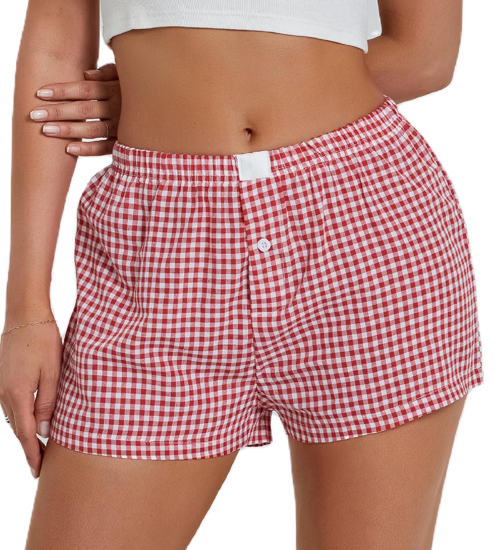 BUNSLOOM Damen Leinen Plaid Shorts Gummiband Hotpants Sommer Weite Kurze Hosen Karierte Lounge Schlafshorts Y2K Strandhosen