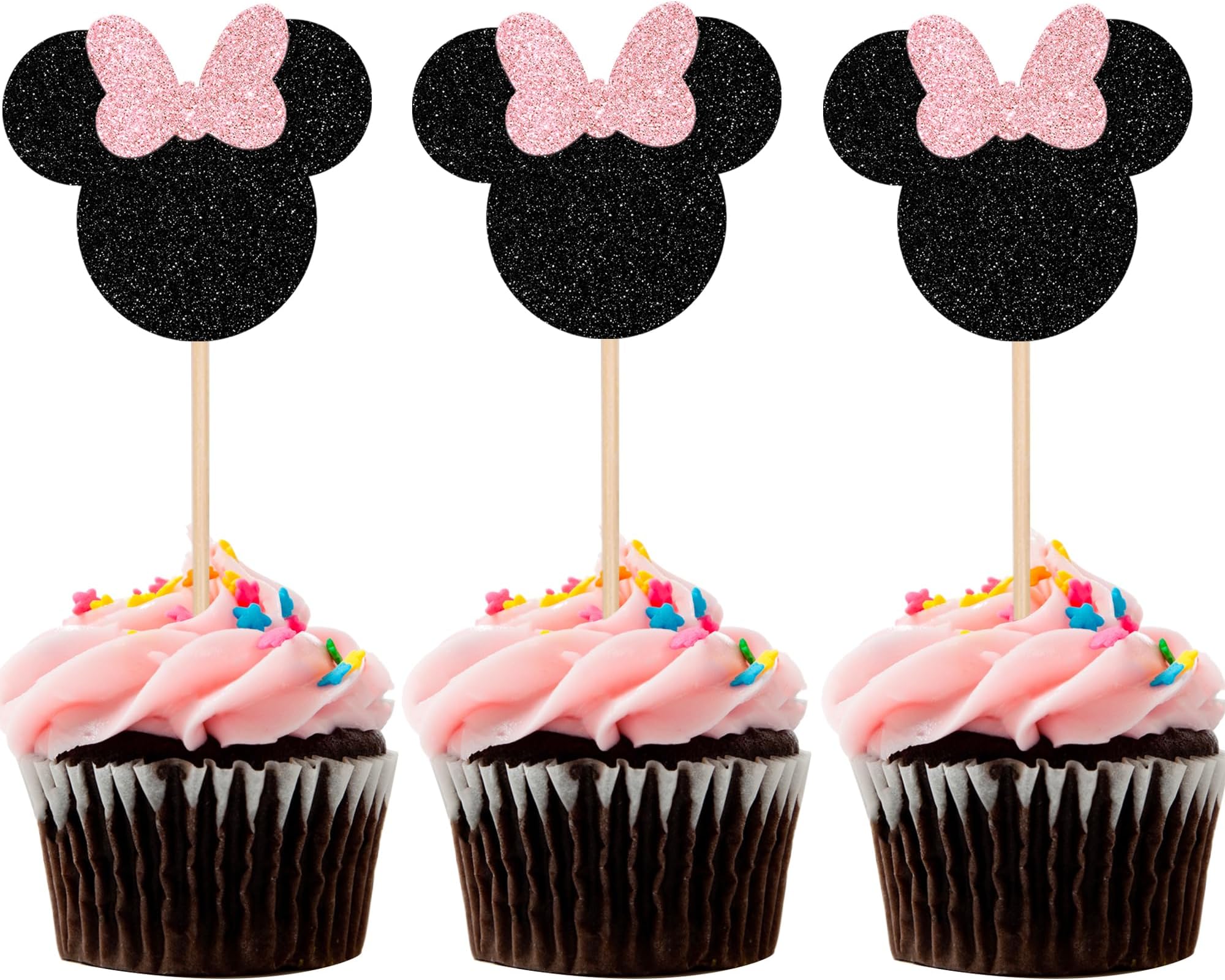 24 PCS Black and Pink Mouse Inspired Cupcake Toppers with Bow Glitter Mini Cupcake Picks Baby Shower Wedding Kids Birthday Party Cake Decorations Supplies