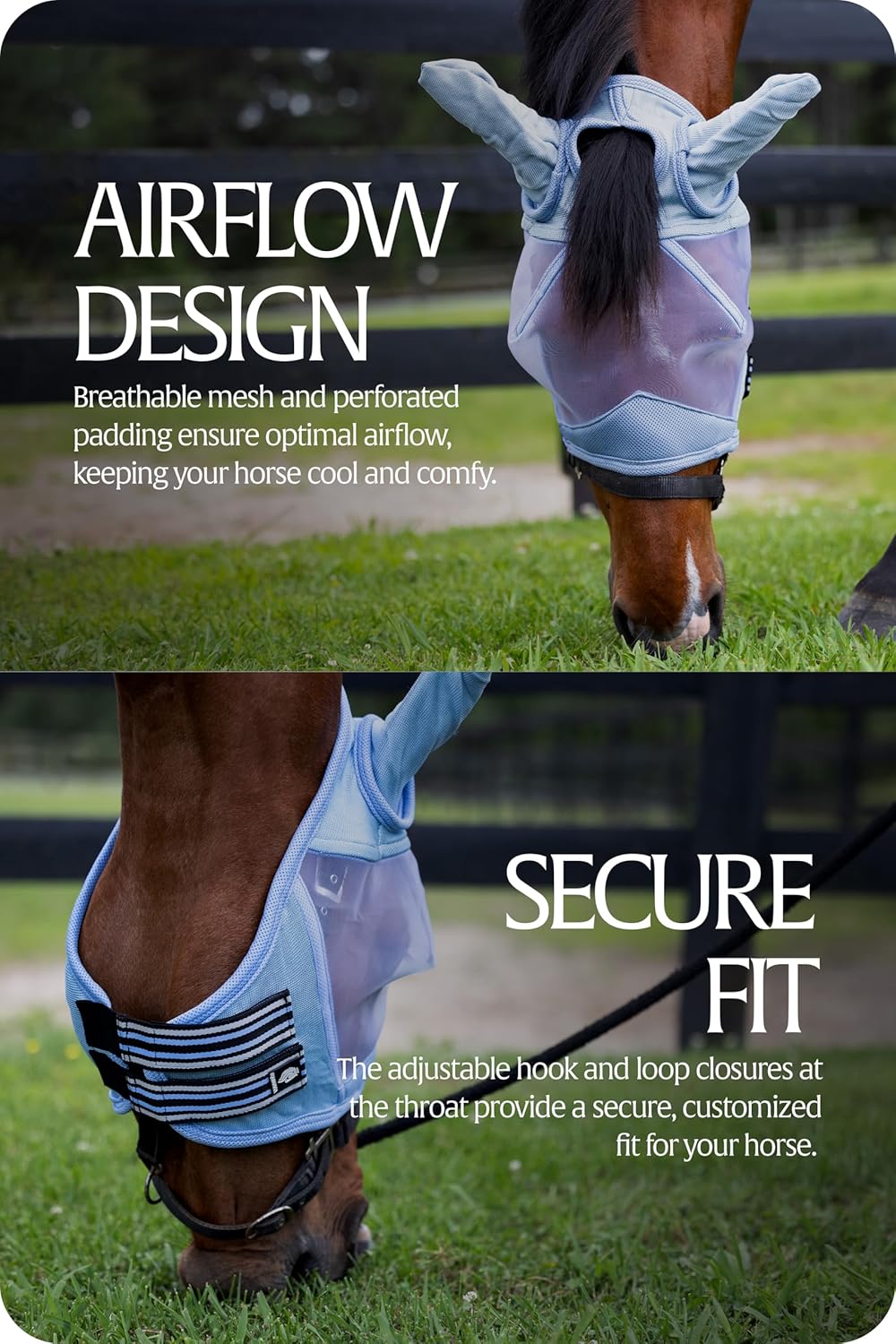 Equinavia Algard Soft Mesh Horse Fly Mask with Ear Protection and 45 UPF Rating | No Eye Irritation & UV Protection - Light Blue - Cob