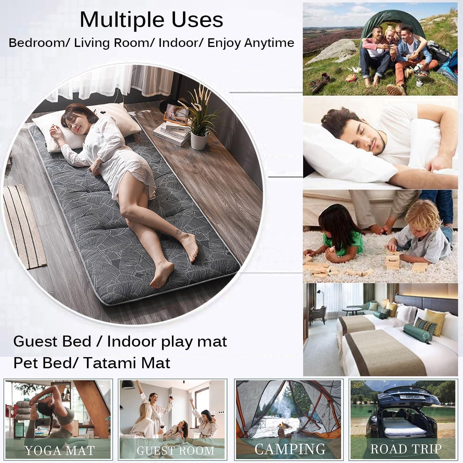 Japanse futonmatras, opvouwbare slaapmat voor reizen/tatami/kamperen/vloer, draagbare college slaapzaal opvouwbare matras, vloer logeerbed (wit, 90 x 200 cm