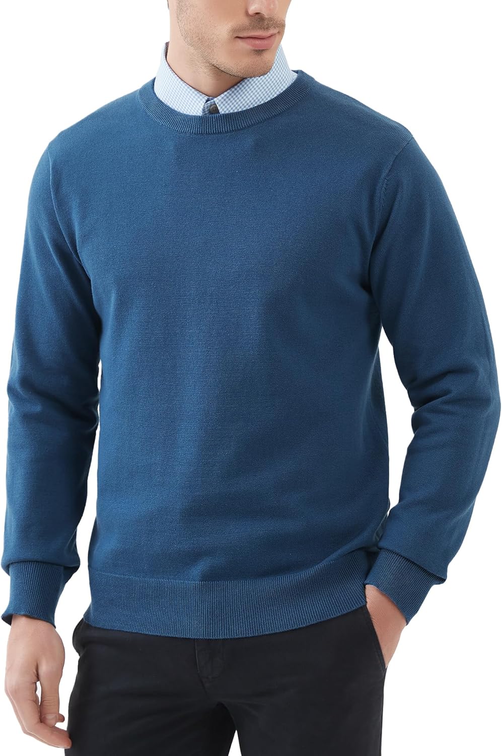 Kallspin Men's Crew Neck Sweater Pullover Regular Fit Pure Cotton Long Sleeve Lightweight Knit Casual Everyday Layering