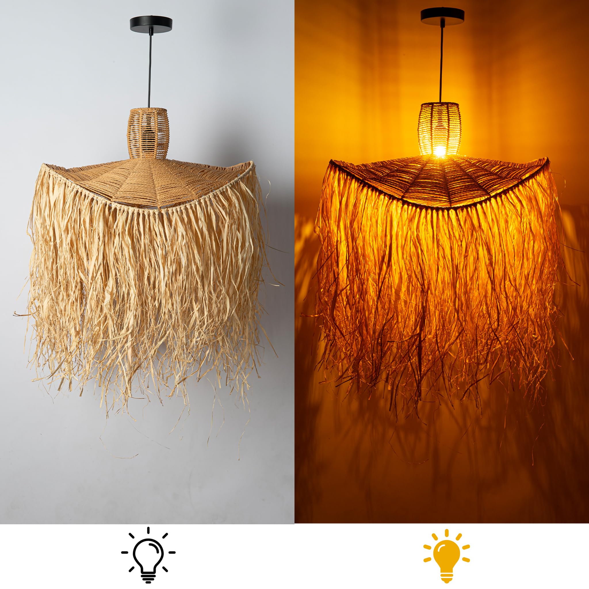 Alpinaluz Lámpara Colgante Rafia Natural D60 cm E27 con Flecos | Cable ajustable 130 cm, estilo boho mediterráneo y pantalla artesanal para salón, comedor o dormitorio