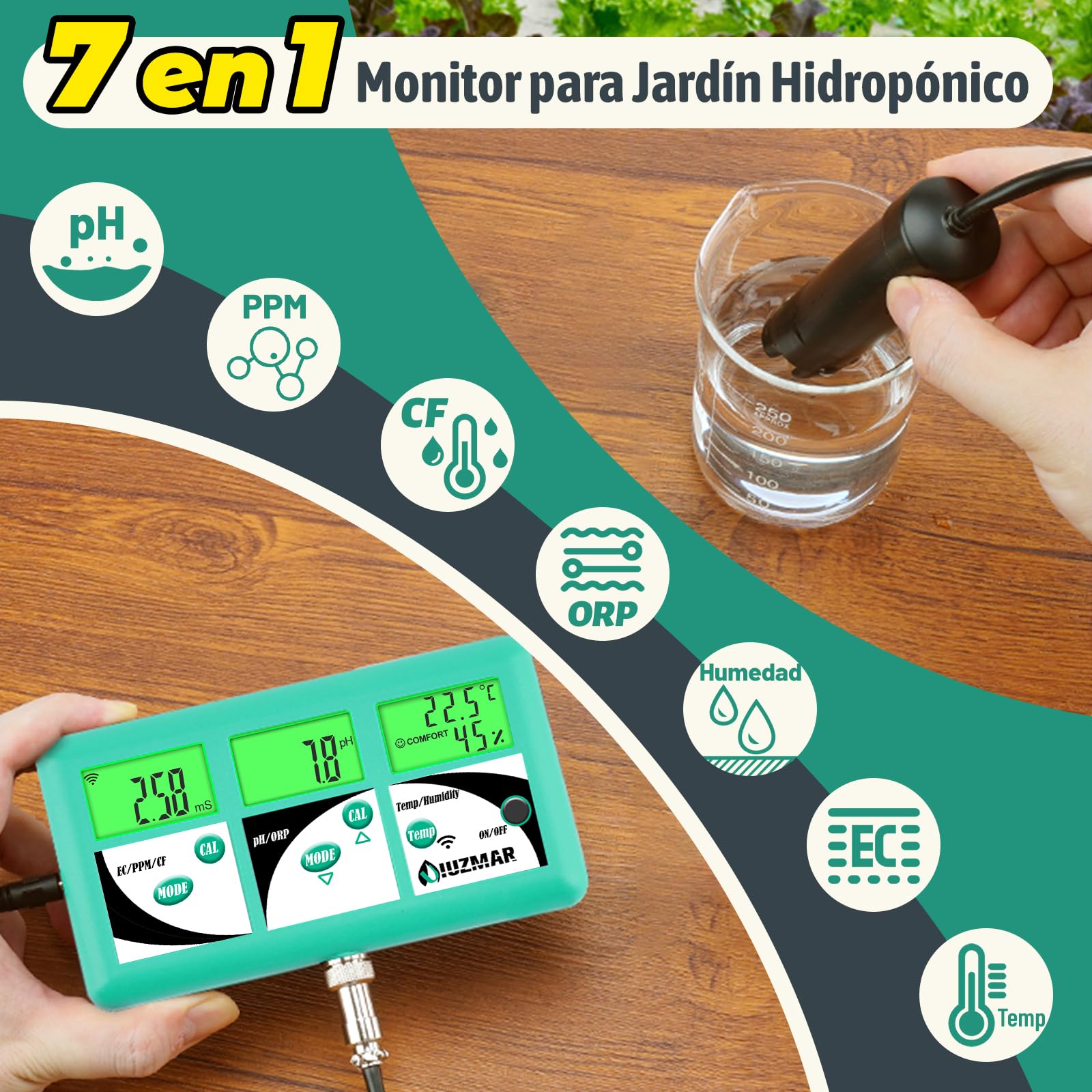 UIUZMAR Monitor de pH EC TDS Hidroponía, WiFi Controla el pH EC PPM 500 PPM 700 CF Temp y Humedad del Aire de Solución Nutritiva Hidropónica, 7 en 1 Probador de Conductividad y pH