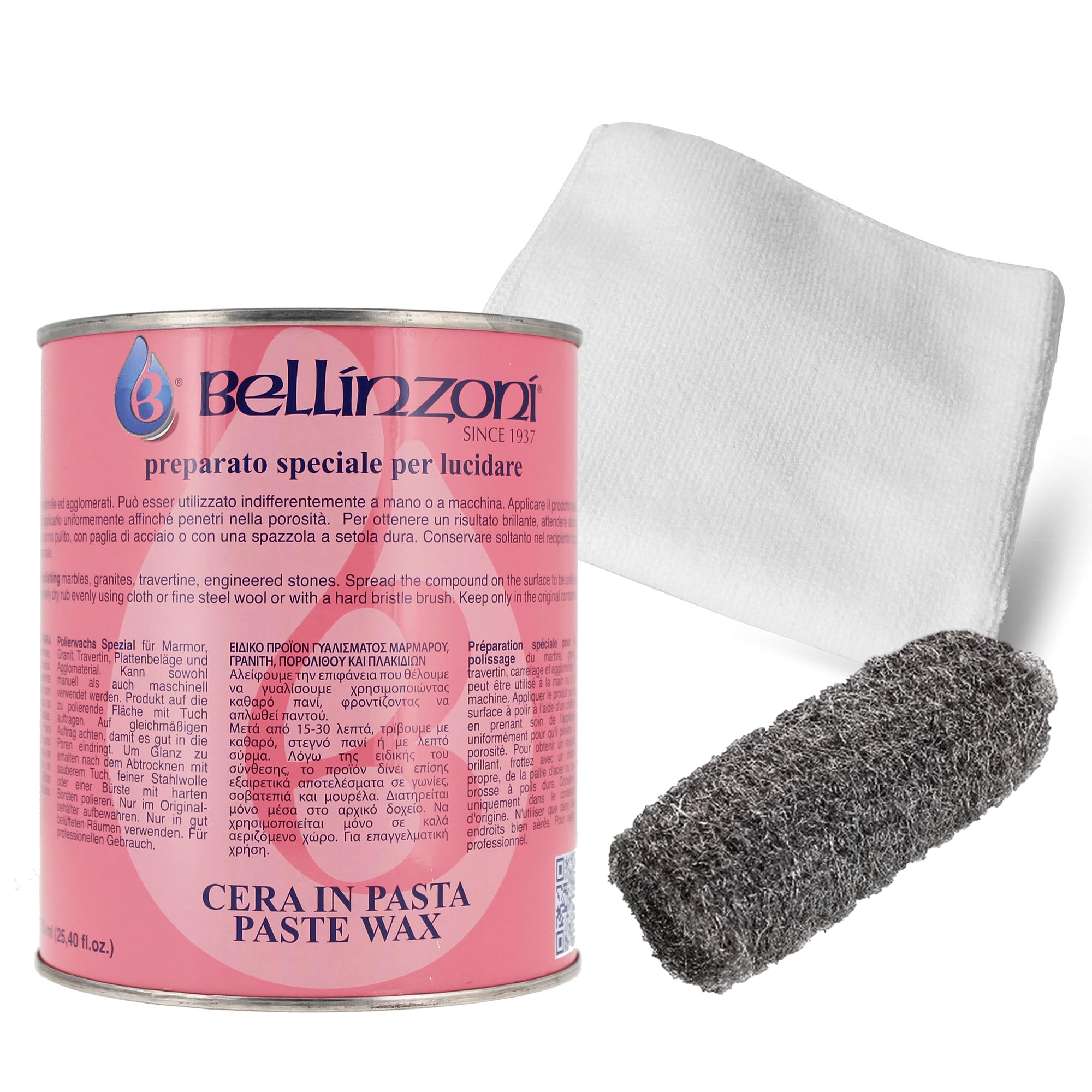 Bellinzoni Kit de polissage en marbre, cire en pâte avec paille en acier et chiffon pour enlever les rayures et l'opacité