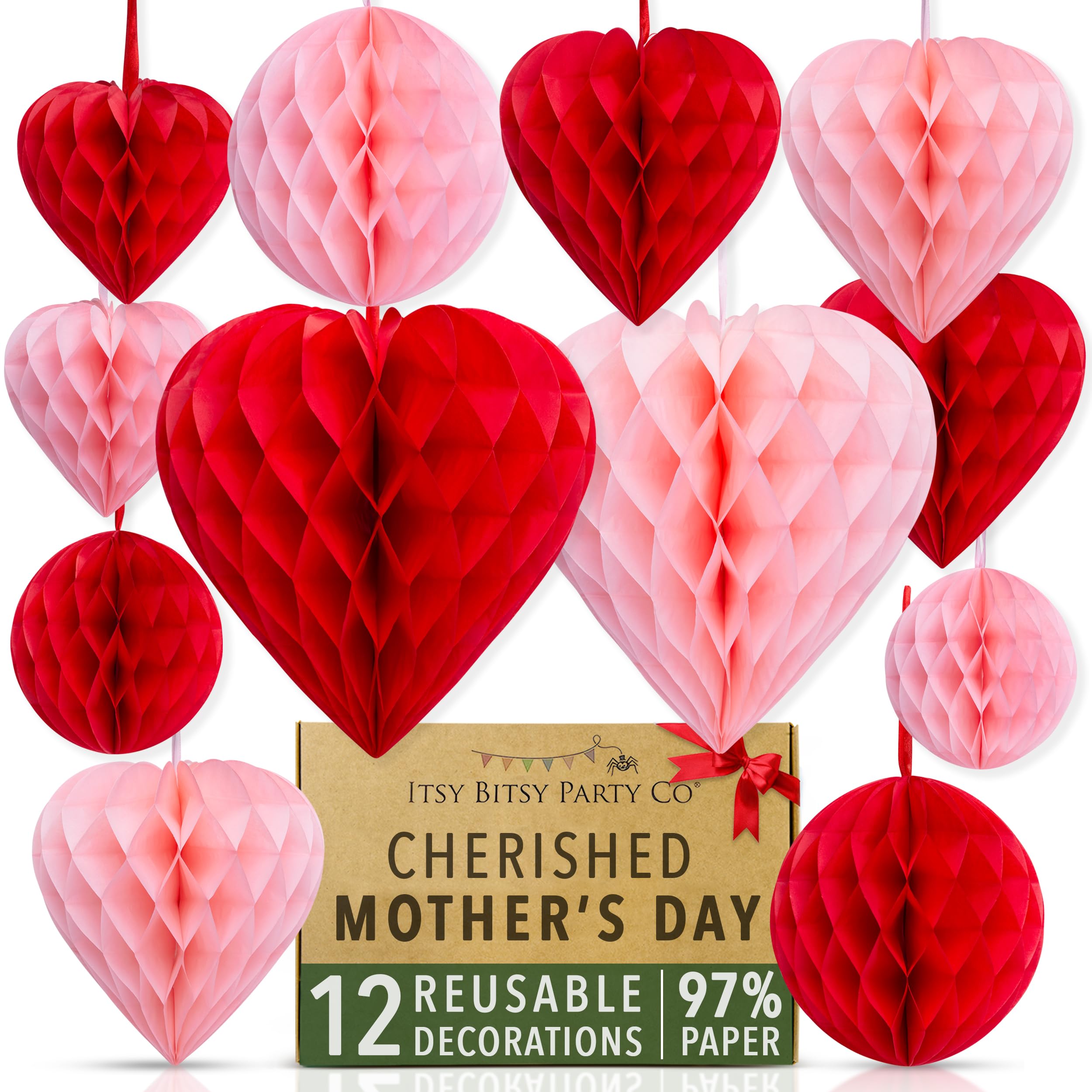Premium Reusable Mothers Day Decorations - Pink & Red Hanging Hearts in Kraft Gift Box – Fast Assembly with Velcro - Mother's Day Party Decorations by Itsy Bitsy Party Co