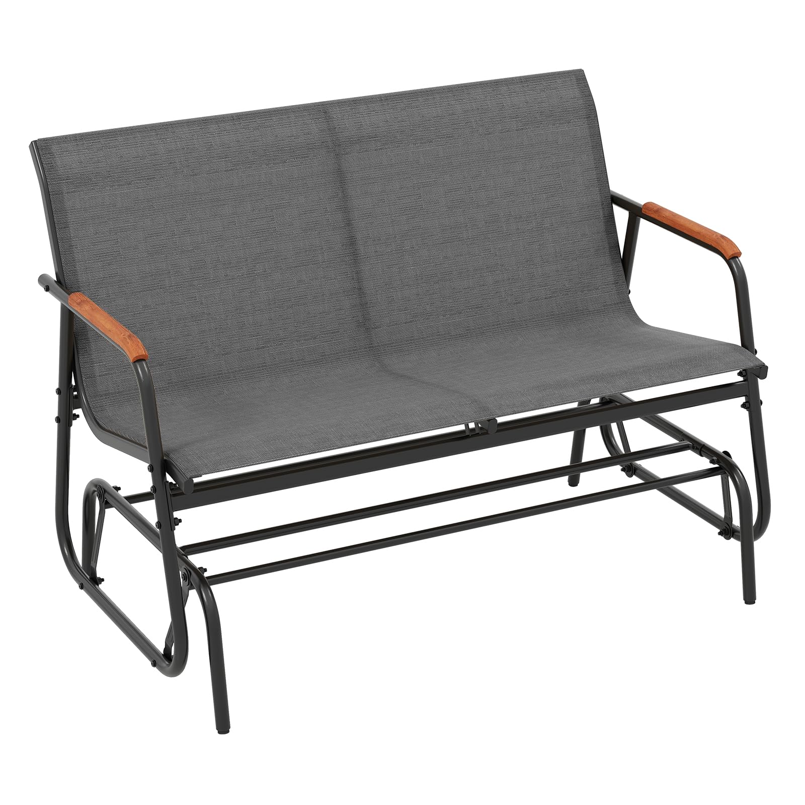 GIANTEX Banco Mecedora de 2 Plazas con Marco Metálico, Tejido Transpirable y Reposabrazos de Teca, Carga hasta 300 kg, Banco Balancín de Exterior para Jardín, Patio, Balcón, 115x74x84cm