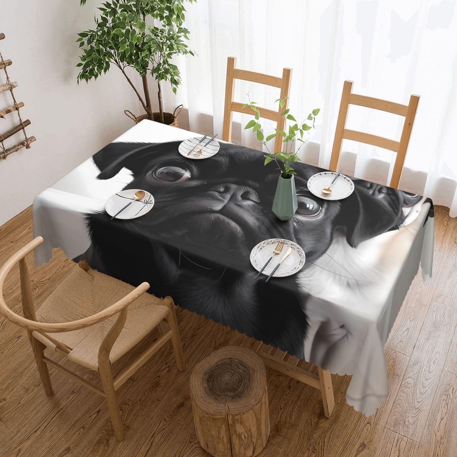 FodPand Cute Black Pug Dog Tablecloths for Rectangle Tables 54 x 72 Inch - Reusable Washable Dining Table Clothes - Stain and Wrinkle Resistant Decorative Fabric Table Cover for Wedding Party