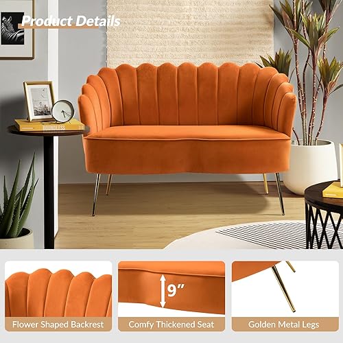 Miniatura 27 de HULALA HOME Moderno sofá biplaza de terciopelo con respaldo en forma de flor, cómodo sofá tapizado de 2 plazas con patas de metal dorado, sofá