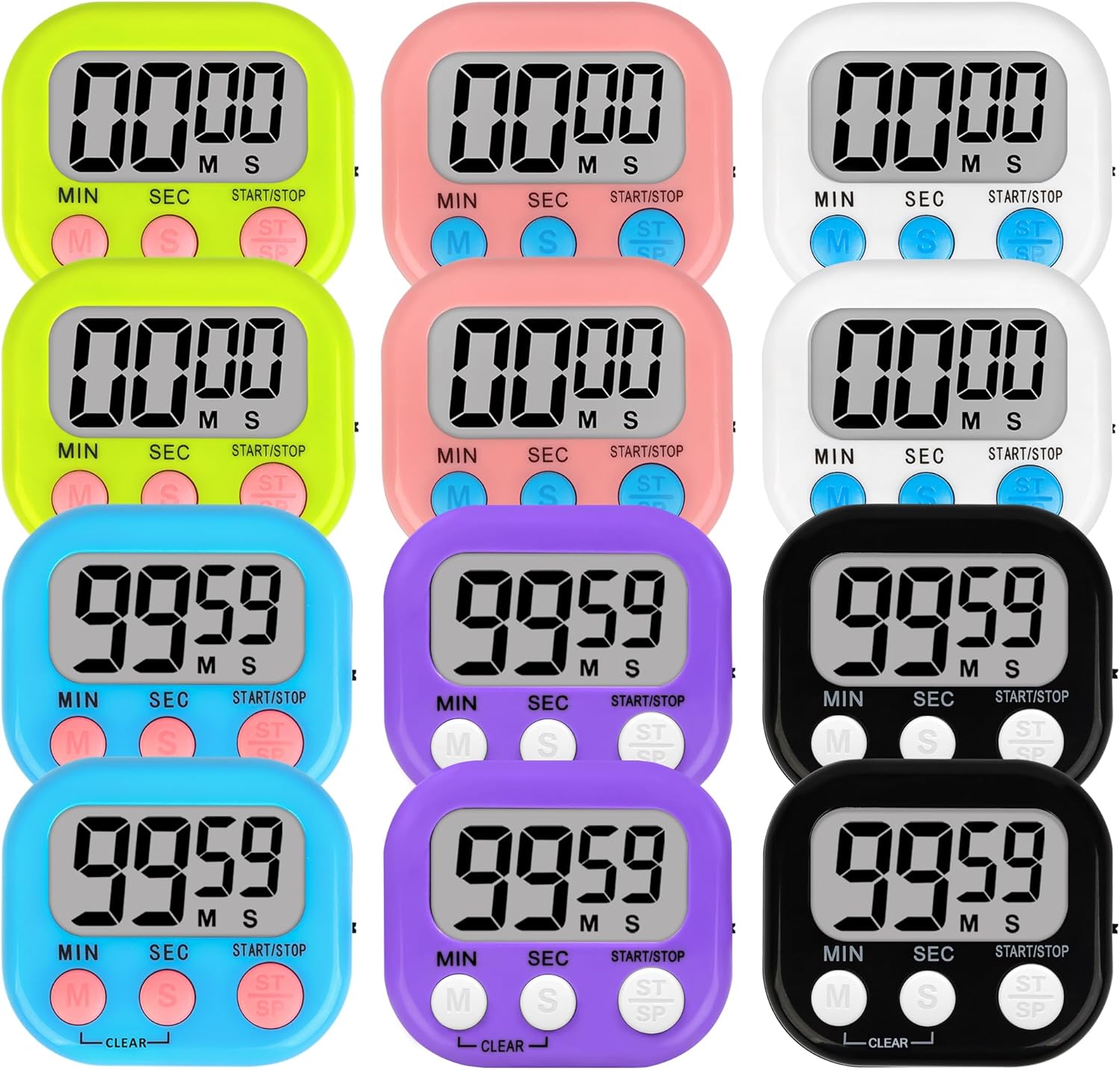 Lasubst Digital Classroom Timers for Teachers Kids School Supplies Bulk with Magnetic Back 12 Pack, White Pink Blue Green