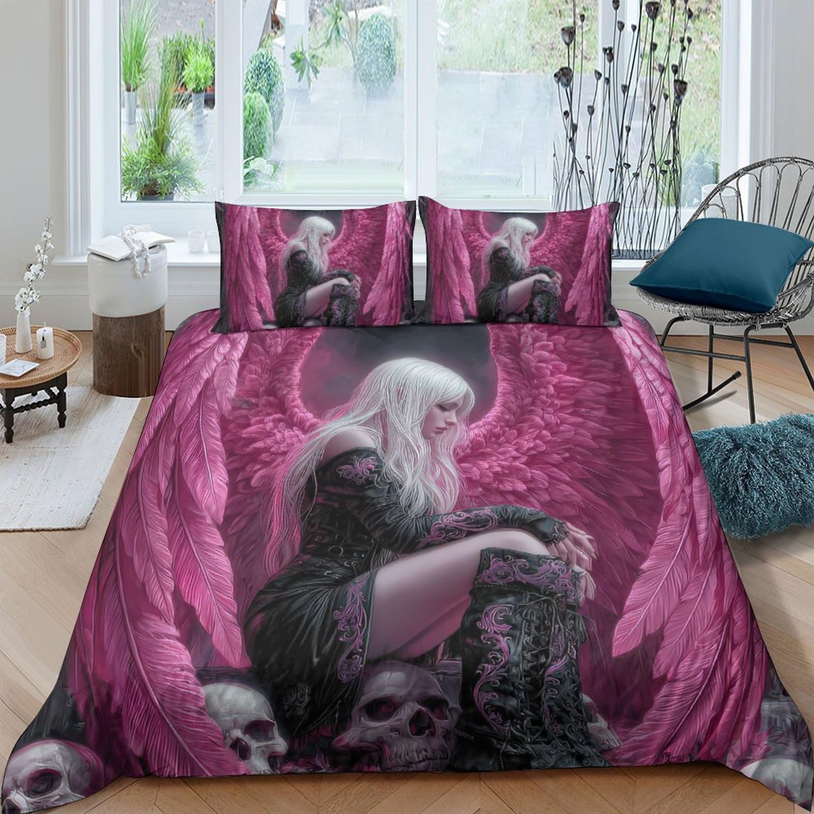 Ctjqhvkz Style-5 3D Printed Dark Angel Skull Fitted Sheet Microfiber Soft Gothic Bed Cover For Bedroom Decor Mattress Protection Single（135X200cm）