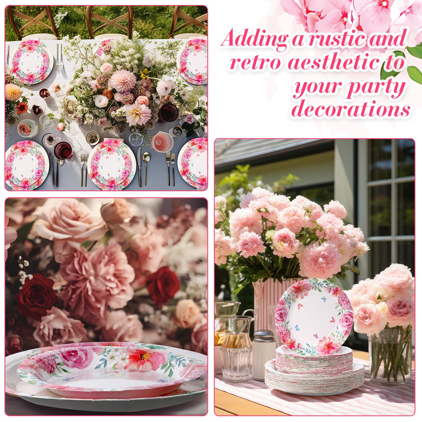 Mumufy Confezione da 100 piatti di carta floreali ad acquerello e fiori rosa primaverili piatti da dessert piatti da tè per matrimoni, addio al nubilato, fidanzamento, compleanno cena