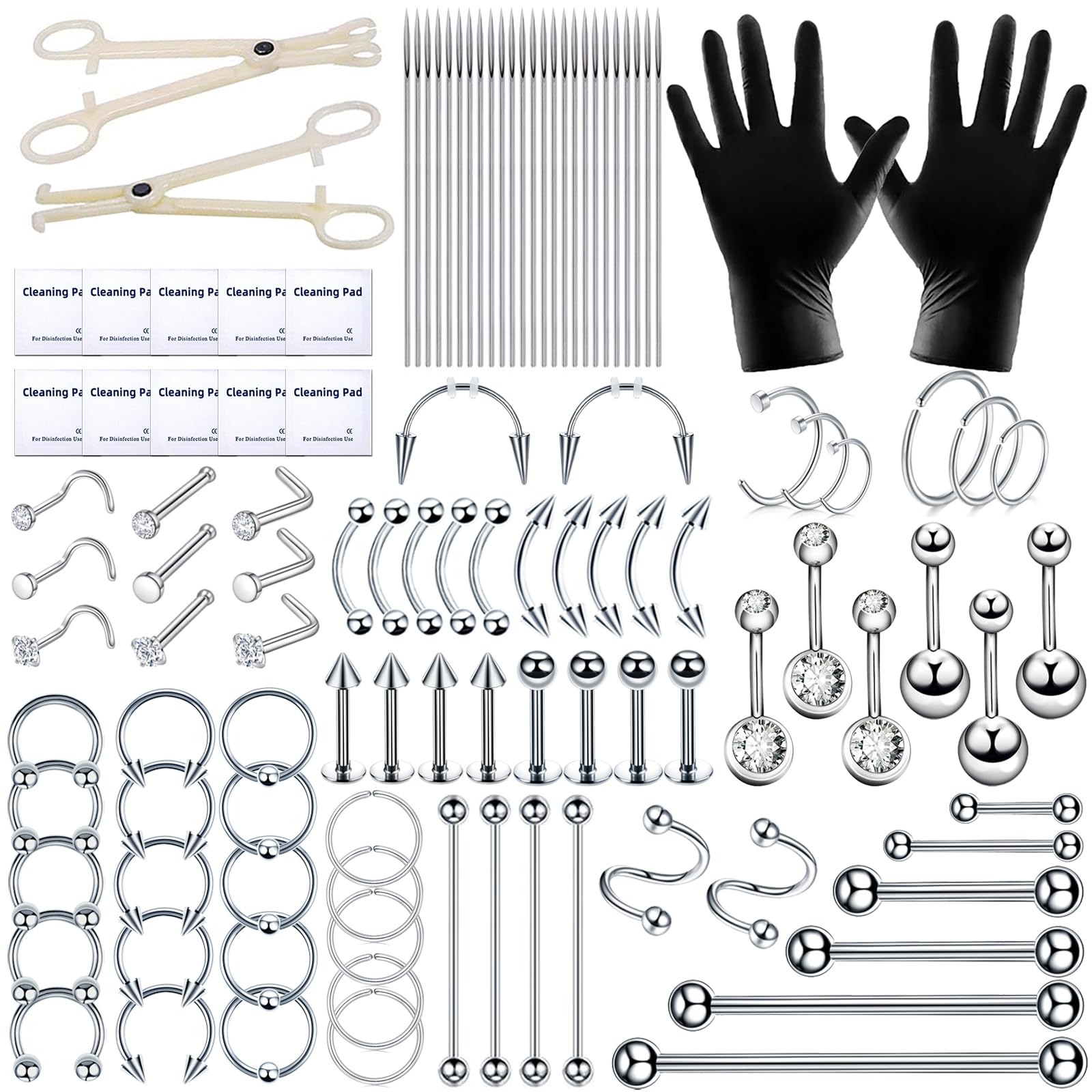 110Pcs Piercing Kit for all Body Piercings with Piercing Tools for Eyebrow Nose Ear Septum Belly Button Lip Tongue Cartilage and More with 12G 14G 16G 20G Piercing Needles