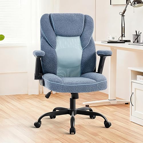 Miniatura 2 de SEATZONE Sillas de escritorio de oficina en casa con ruedas y reposabrazos, silla de oficina, cómoda malla ergonómica con tela polar de peluche,