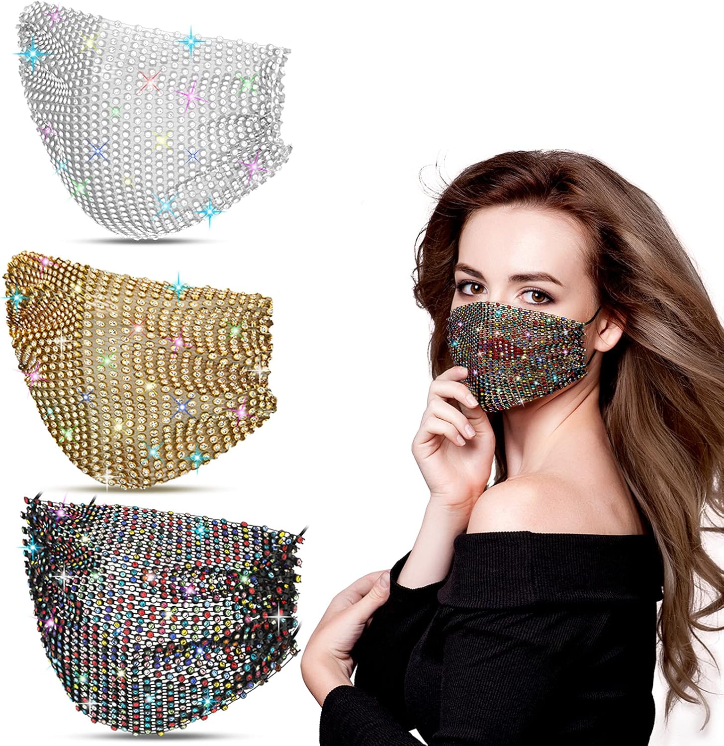 3 Pieces Rhinestone Mesh Mask Bling Face Masks Glittery Face Covering for Women