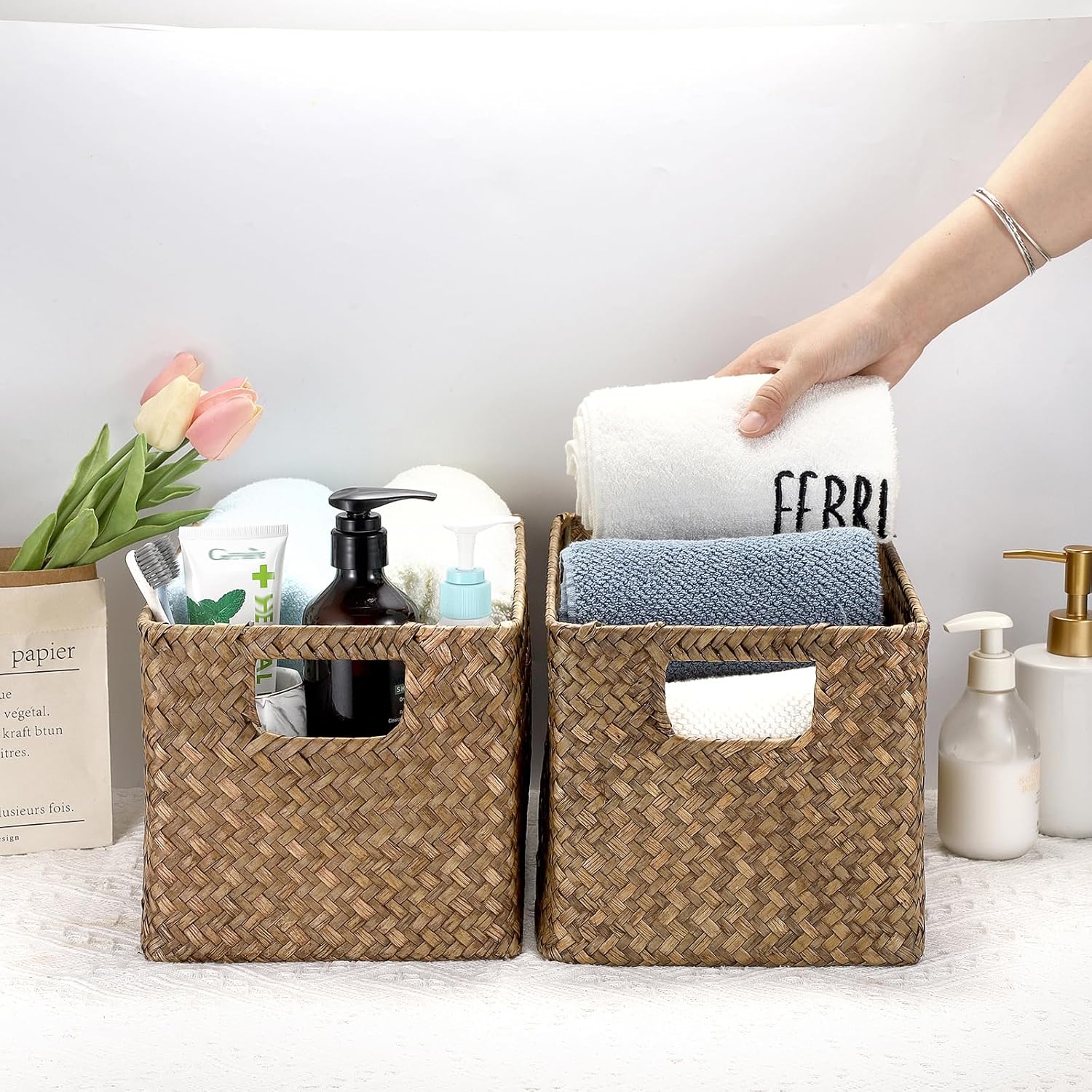 Hipiwe 2 Pack Natural Seagrass Basket with Handles Decorative Wicker Basket Bin Woven Baskets for Organizing Snacks Wicker Storage Baskets for Shelves,Closet,13" x 7.9" x 7.3"