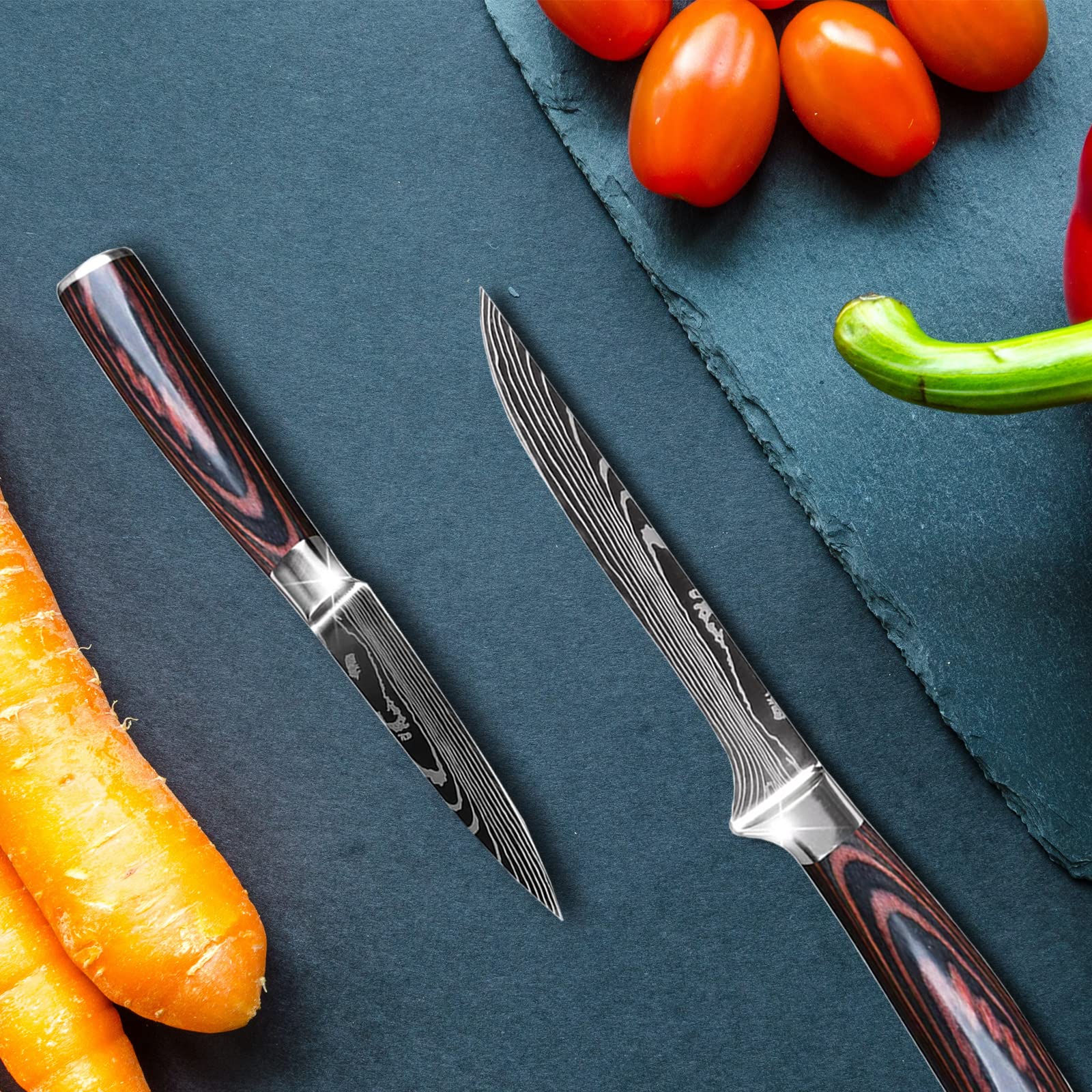Messerset 5-tlg Küchenmesser Set mit Ergonomischen Griff, Profi Messer Set aus Hochwertigem Carbon Edelstahl mit Kochmesser, Brotmesser, Santokumesser, Ausbeinmesser, Gemüsemesser