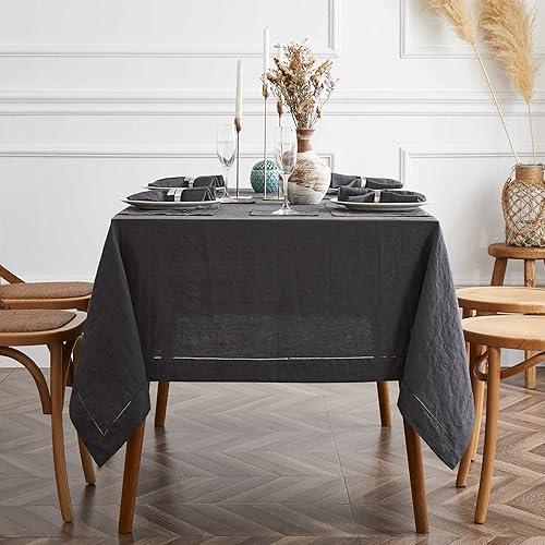 Miniatura 3 de Mantel de lino para el hogar, punto vainica, 60 x 102 pulgadas, rectangular, tela lavable, mantel de arpillera para cocina, comedor, Pascua, fiestas