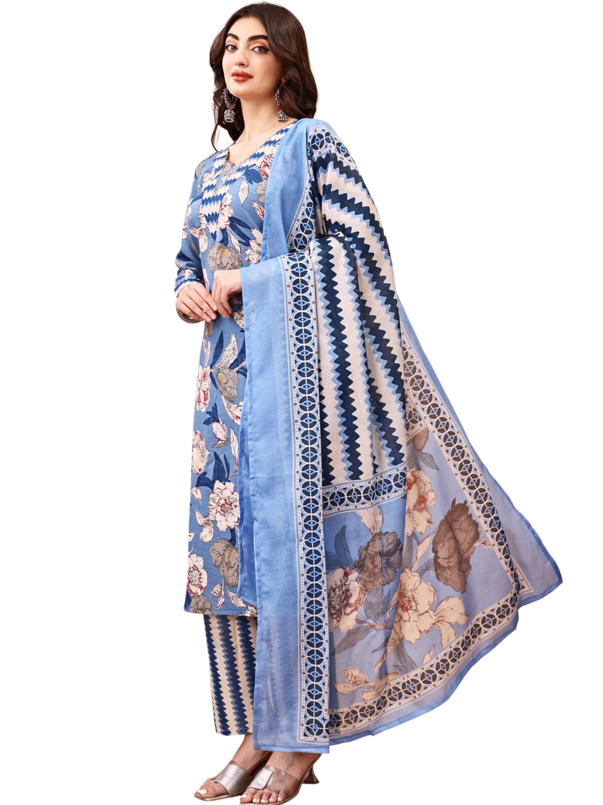 Vintro Cotton Blend Sky Blue Kurta Set with Dupatta