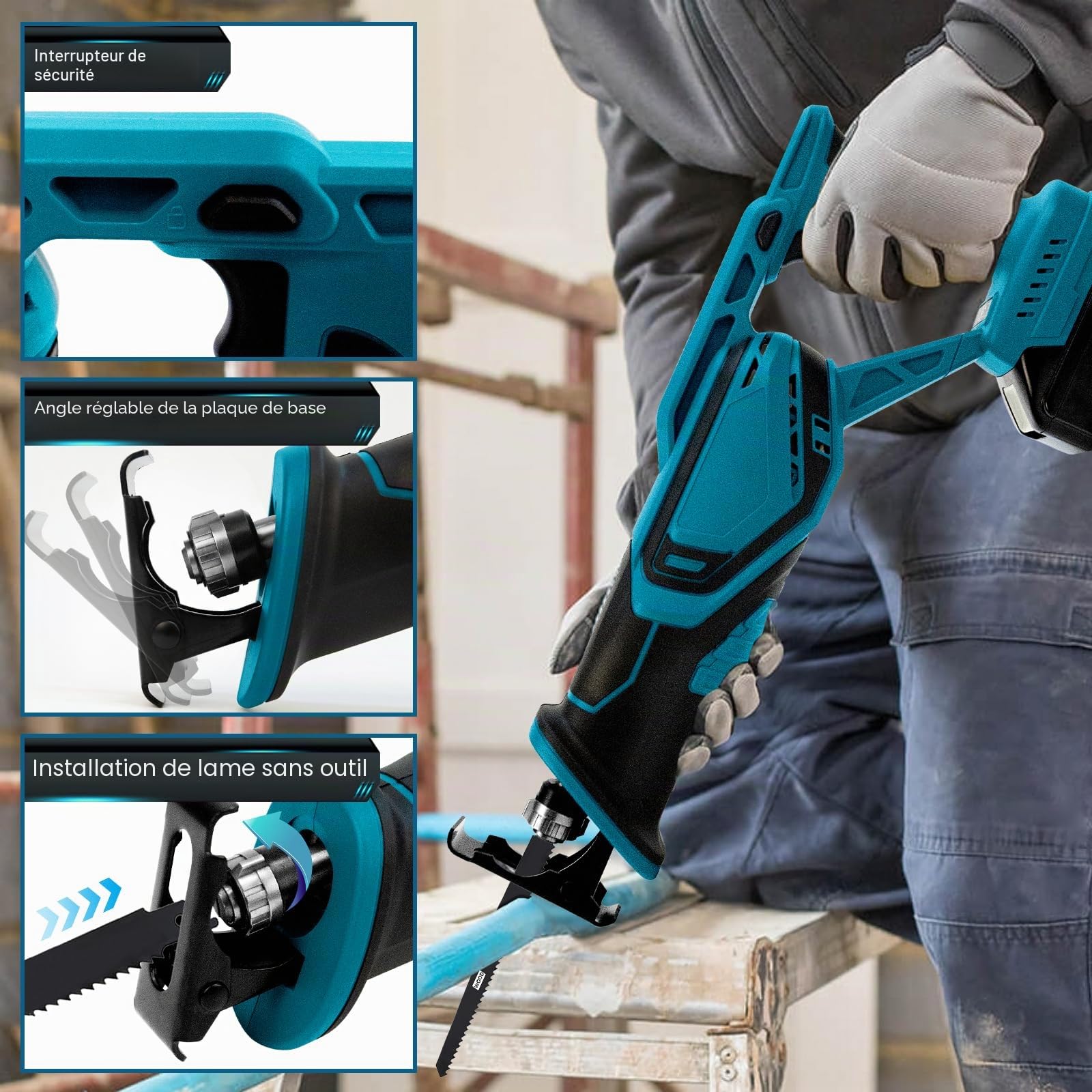 Scie Sabre Sans Fil Compatible avec Makita 18V, Scie Alternative Sans Fil pour Scier le Bois/Acier avec 4x Lames de Scie Alternative,Lunettes de Sécurité et Gants (Sans Batterie et Chargeur)