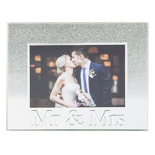 Happy Homewares Modern Silver Glitter Effect Mr & Mrs Glass Picture Frame with 3D Acrylic Letters - 5" x 3.5" | Freestanding Horizontal Frame