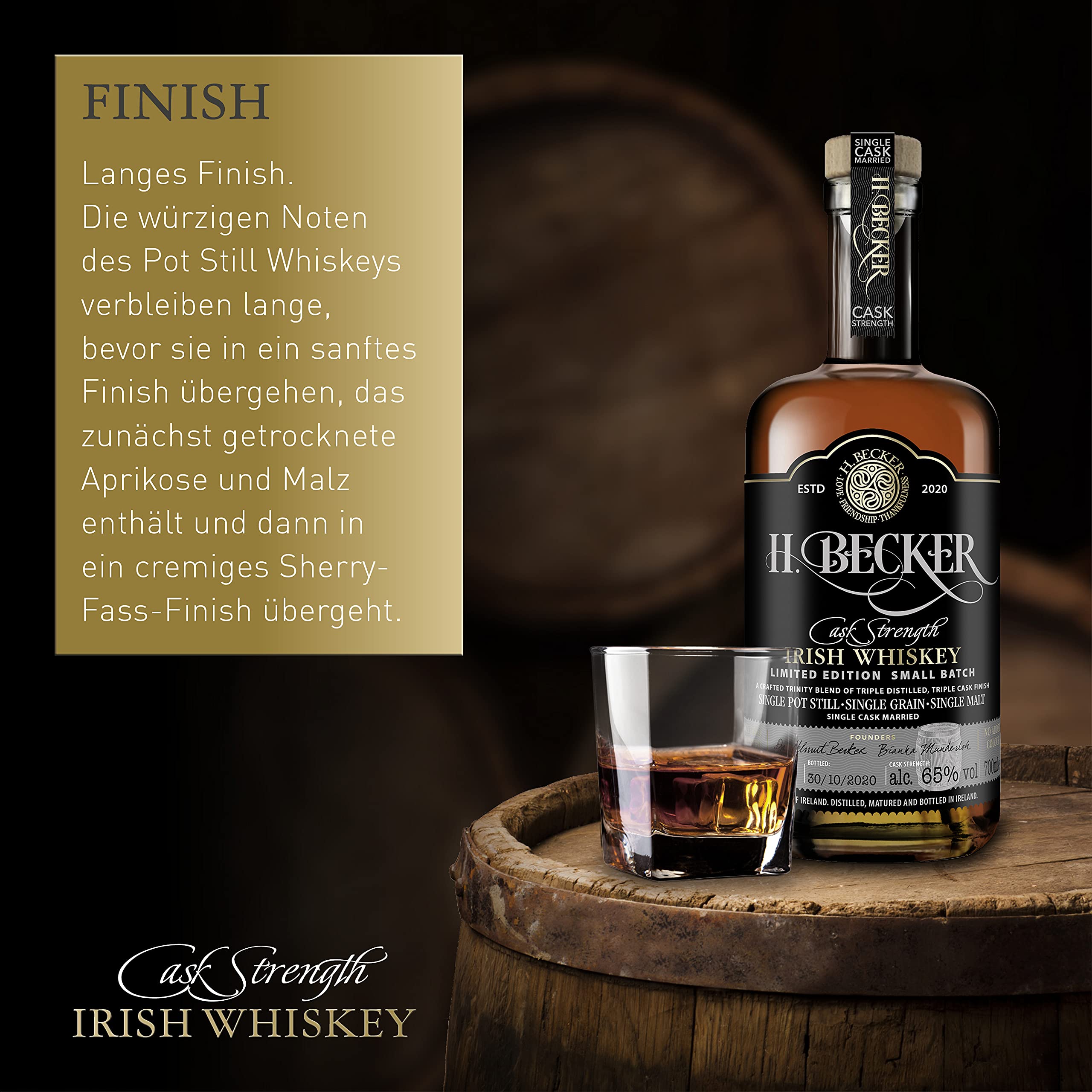 H. Becker Cask Strength Irish Trinity Whiskey I Limitierter Small Batch Whiskey I Trinity Blend aus Single Pot Still, Single Grain & Single Malt I 65% Vol. I 0,7 L