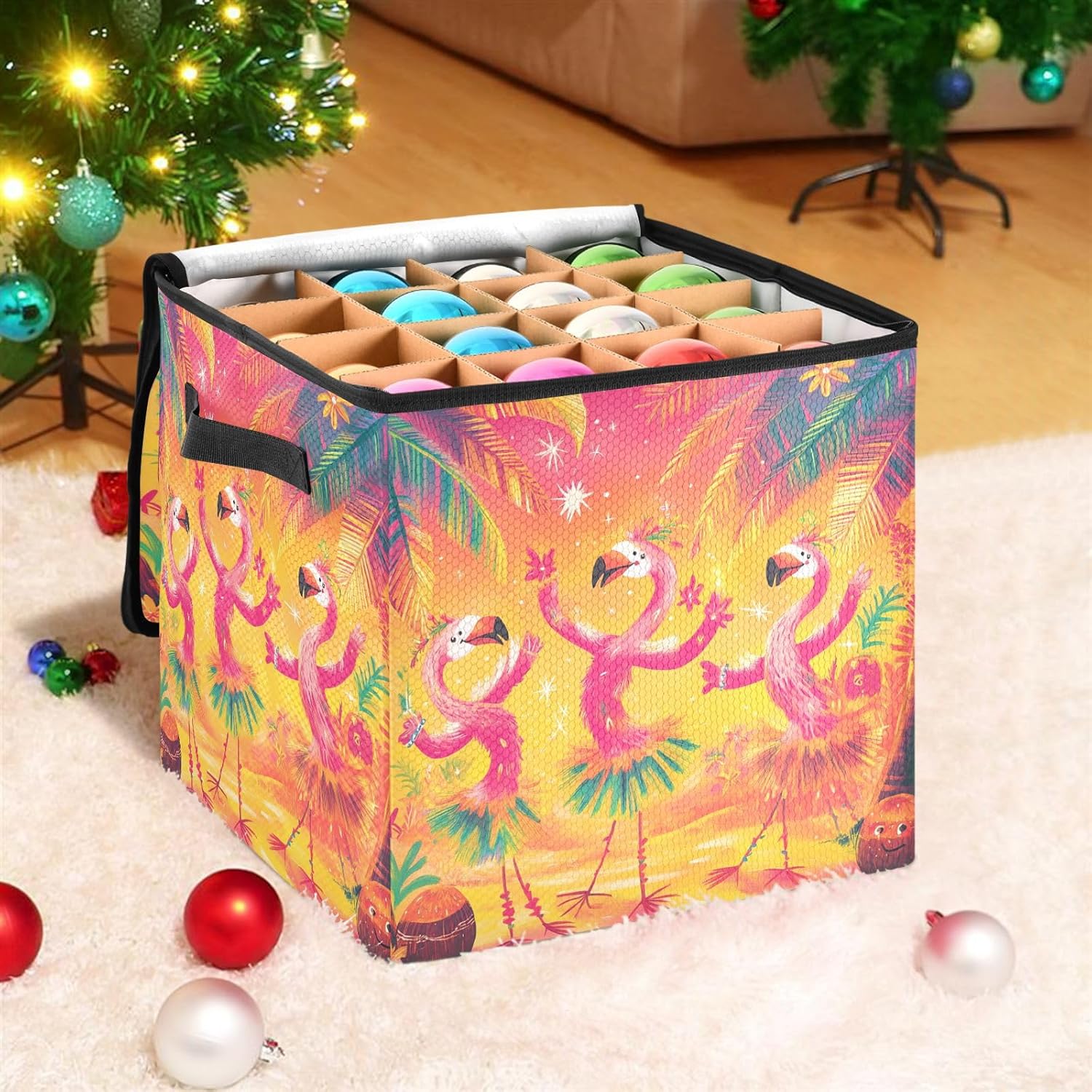 High Capacity Christmas ornament organizer storage Holds Up to 64, Adjustable Dividers, Zippered Top, Two Handles foldable Holiday Storage Case with Lid,Dancing Flamingos Orange Summer