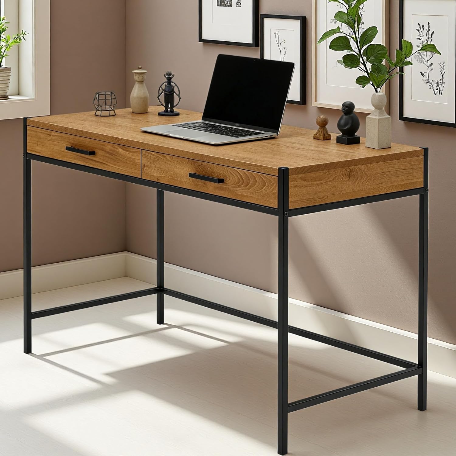 Caffoz Modern 48 Inch Mahogany Finish Writing Desk, Home Office Computer Table with 2 Drawers Storage, Study Laptop Workstation Space Saving Design (Brown)