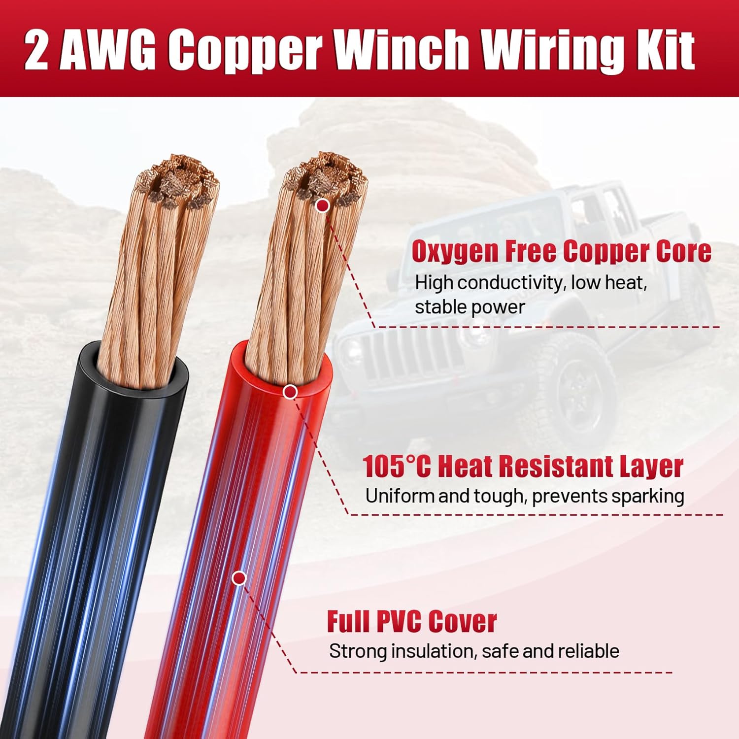 24 FT 2 AWG Trailer Winch Power Cable Kit, 2 Gauge Copper Winch Wiring Kit, Heavy Duty Quick Disconnect Cables for Off-Road Recovery & Towing