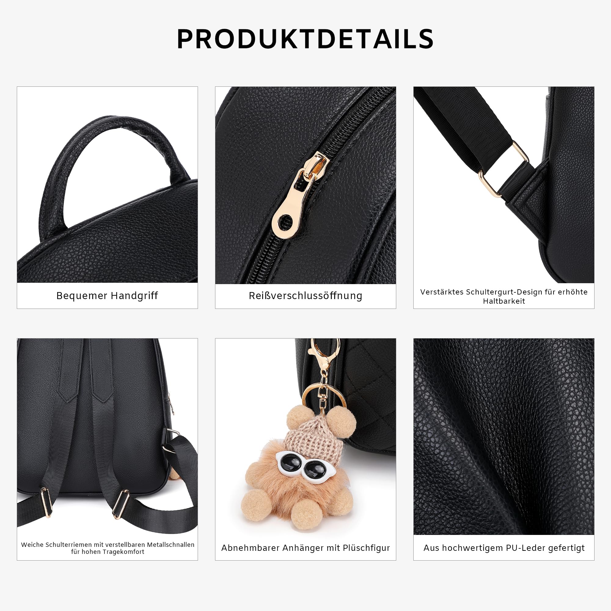 BAGOK Mini Rucksack Damen Klein – Eleganter Kunstleder Rucksack mit Steppoptik, Plüschanhänger & Quaste – Für Frauen & Mädchen im Alltag & auf Reisen(Schwarz)