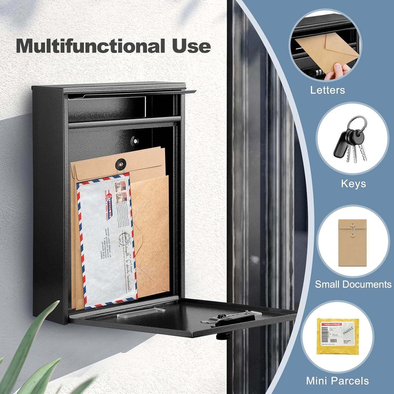 KINGCEPHAS Wall-Mounted Mailbox with Combination Lock, Suggestion Box, Square & Upright Capacity, Waterproof Postbox, High Rust Resistance Letterbox,Mailboxes for Outside, 8.5” x 3” x 12.4” (Black)