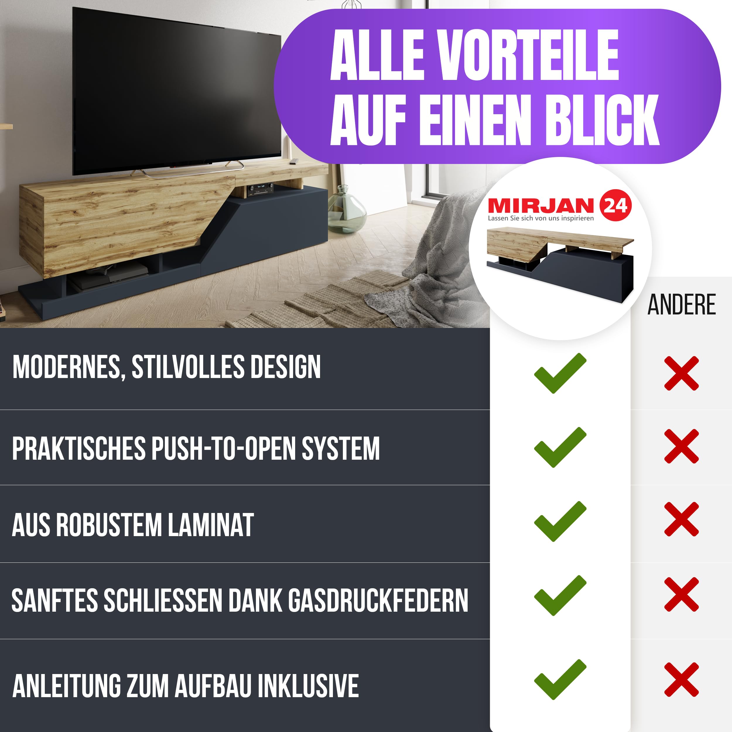 Mirjan24 TV-Lowboard Nesezi 160 mit 2 Klappen (Wotan/Weiß) | TV-Schrank mit geometrischem Design, breiter Ablagefläche, Push-to-open-System und Gasdruckfedern, B/H/T: 160/47/35 cm