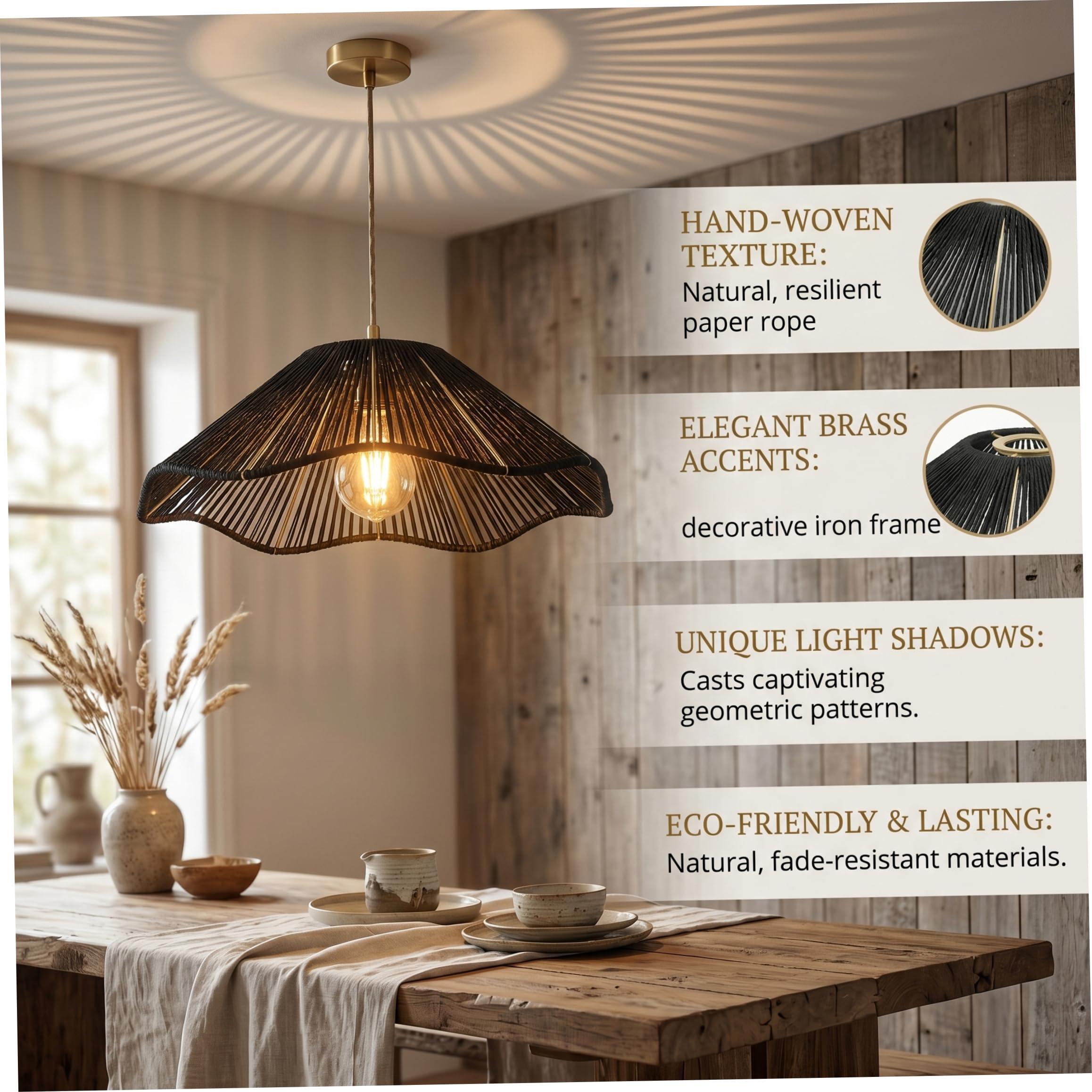 Paralume per lampada a sospensione, paralume per lampada a sospensione Boho, corda di carta e decorativa sospesa in ferro intrecciato nero.