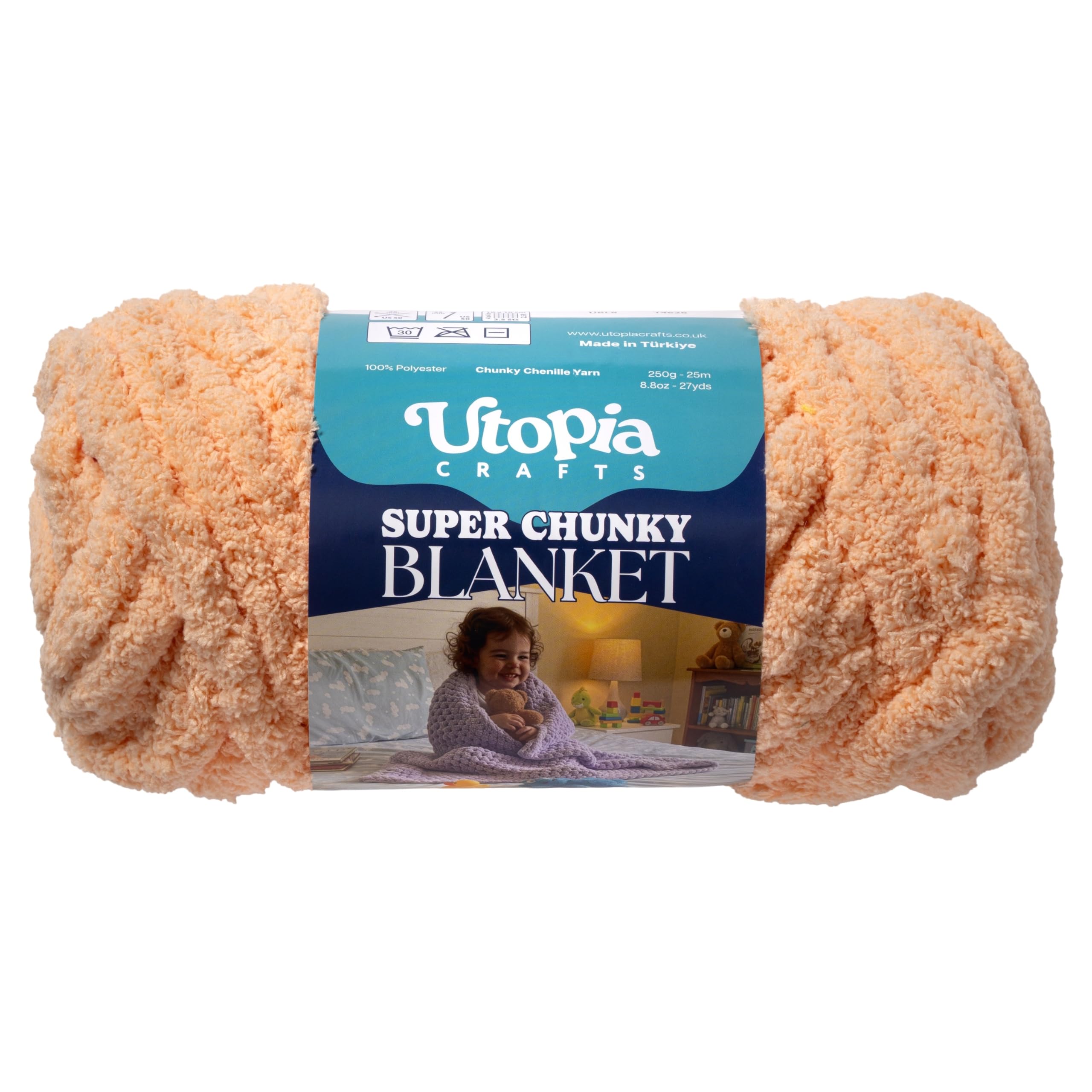 Utopia Crafts Super Chunky Blanket Yarn 250g, Soft Chenille Yarn for Arm Knitting - Thick Bulky Polyester Jumbo Yarn for Hand Knit Throw Blankets, Crochet, DIY Home Décor (Peach)