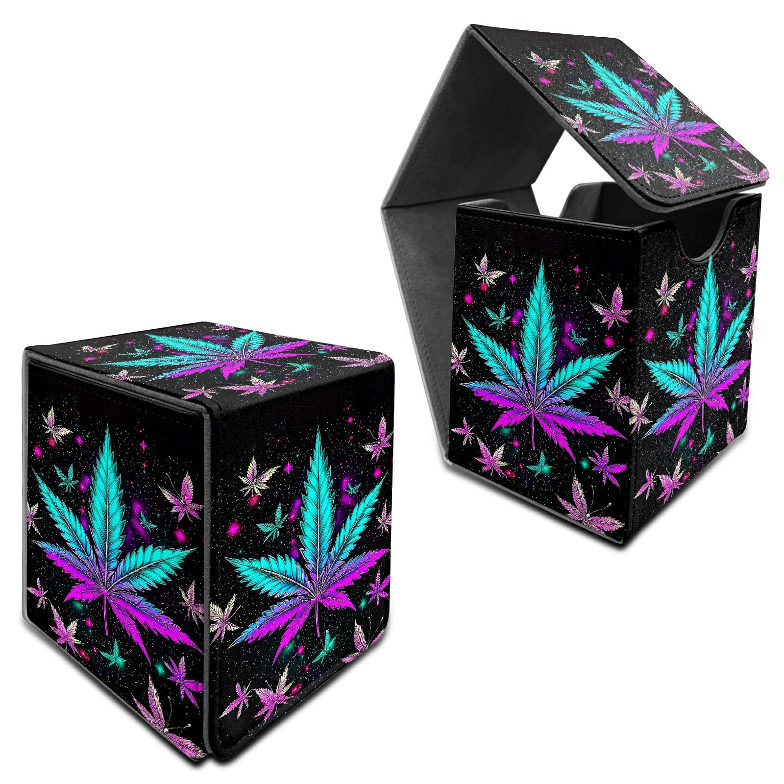RWUTYTIUL Deck Box for MTG, Cards Storage Box Fits 120+ Sleeved, Leather Medium Size Strong Magnetic Closing Card Case for Board Games Magic TCG CCG Baseball Collection, Purple Blue Leaf