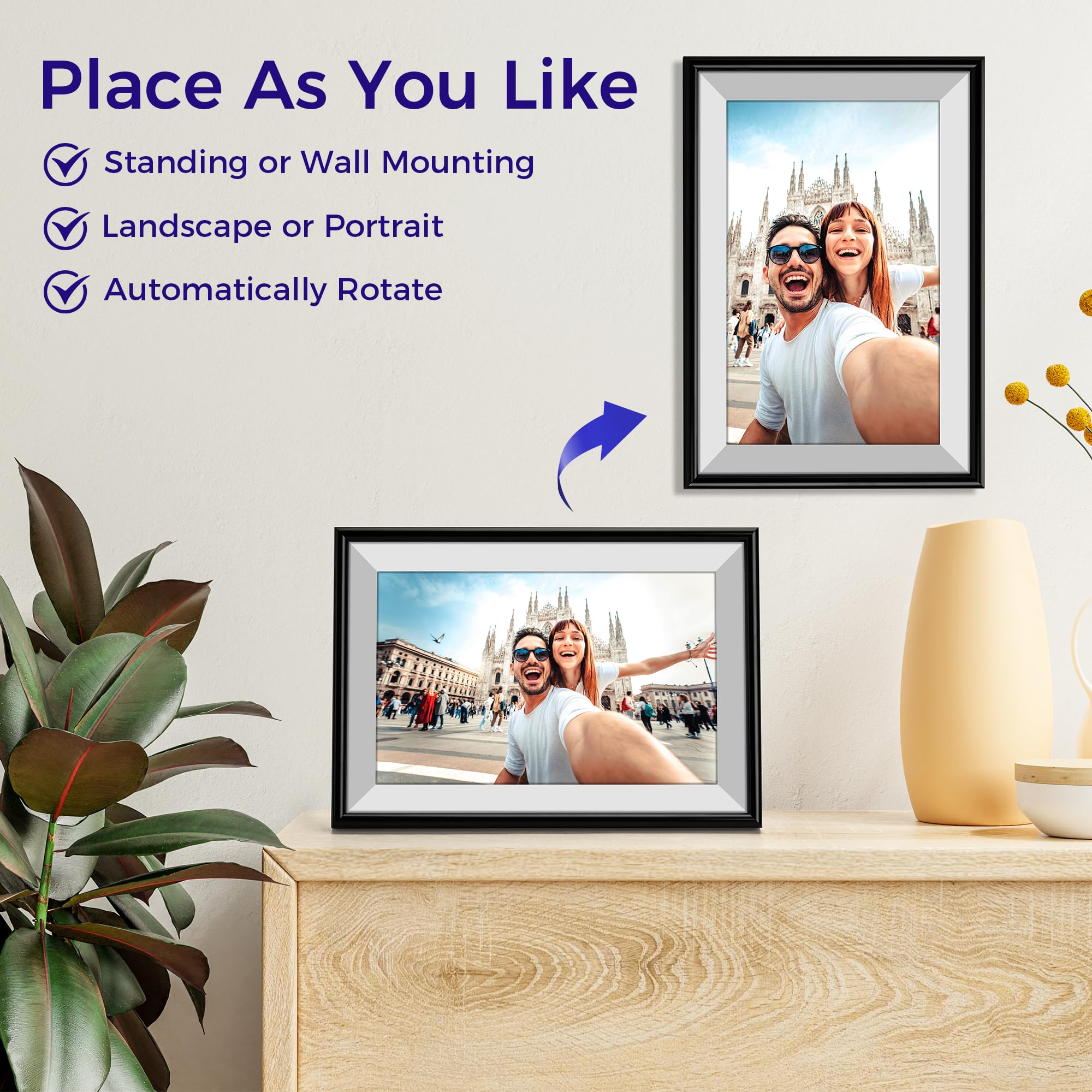 ELIME FRAMEO - Marco de fotos digital WiFi de 10.1 pulgadas con almacenamiento de 32 GB, pantalla táctil IPS de 1280 x 800, rotación automática, montaje en pared, marco de fotos virtual