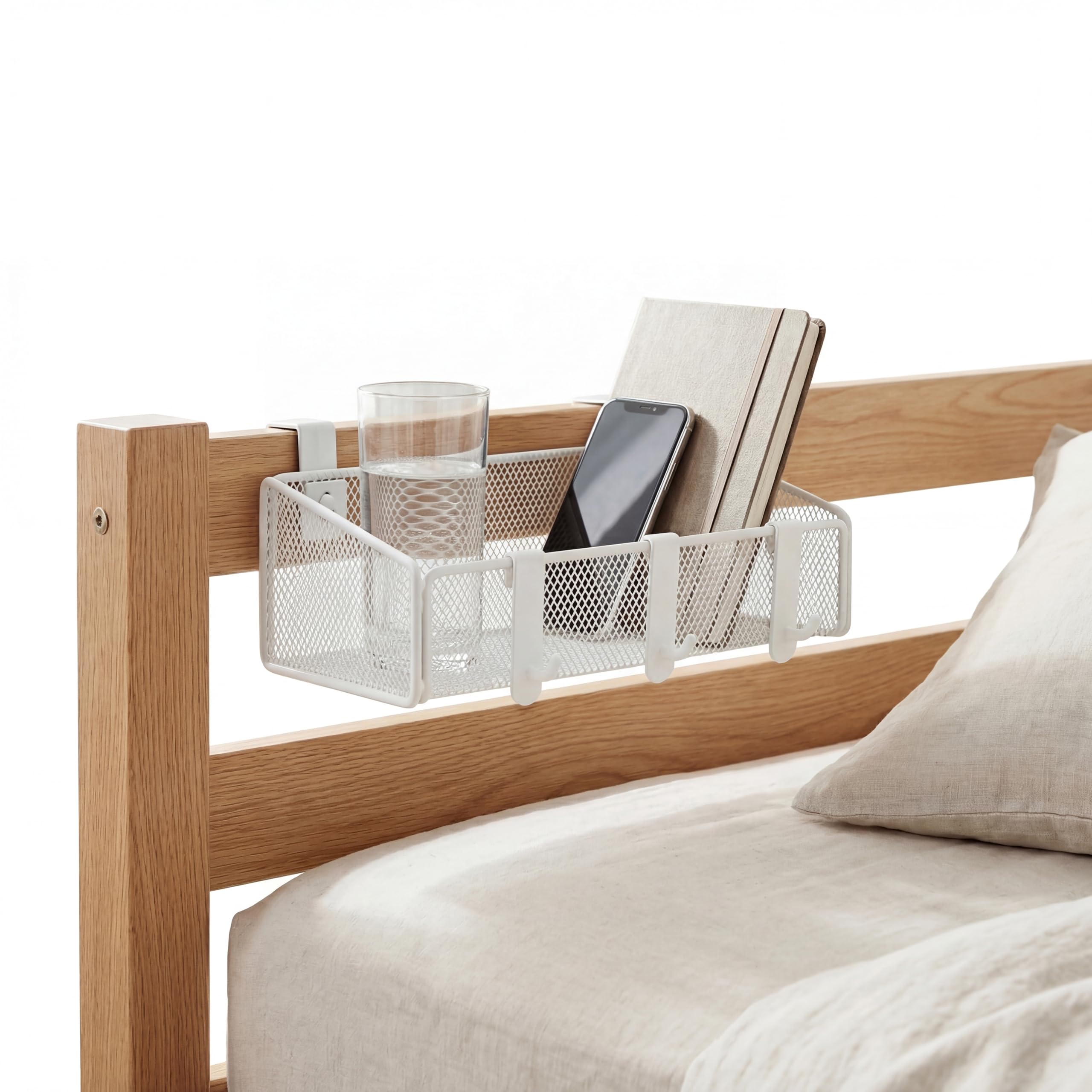 MATIMASU Bedside Shelf for Bed & Bunk Bed Storage Basket Office Cubical Wall Hanging Organizer - 5 Different Size Hooks - College Dorm Home Office