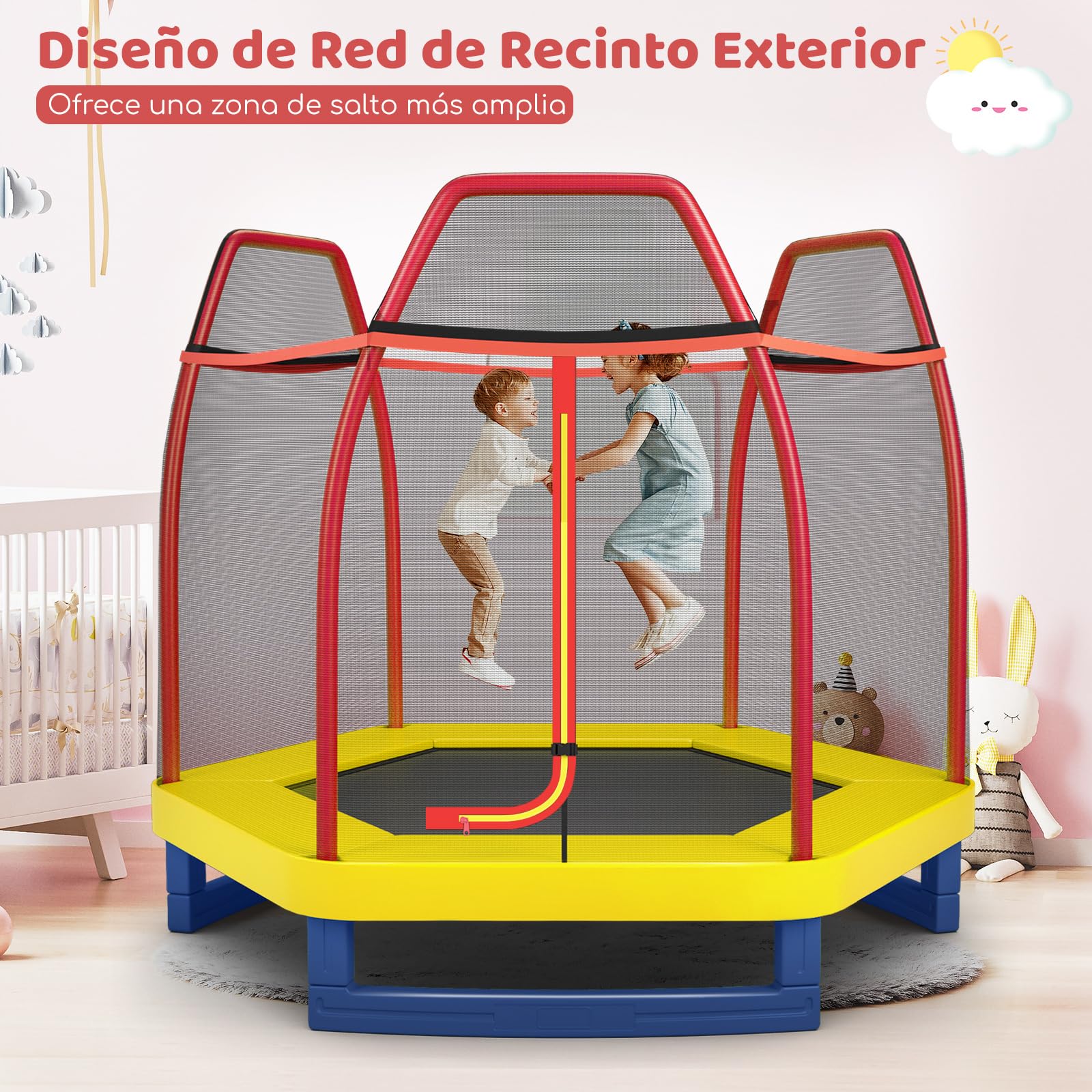 COSTWAY Cama Elástica 223 cm para Niños con Red de Seguridad y Almohadilla de Muelle, Trampolín para Interior y Exterior con Estructura en Acero Galvanizado, Carga Máxima 45 kg
